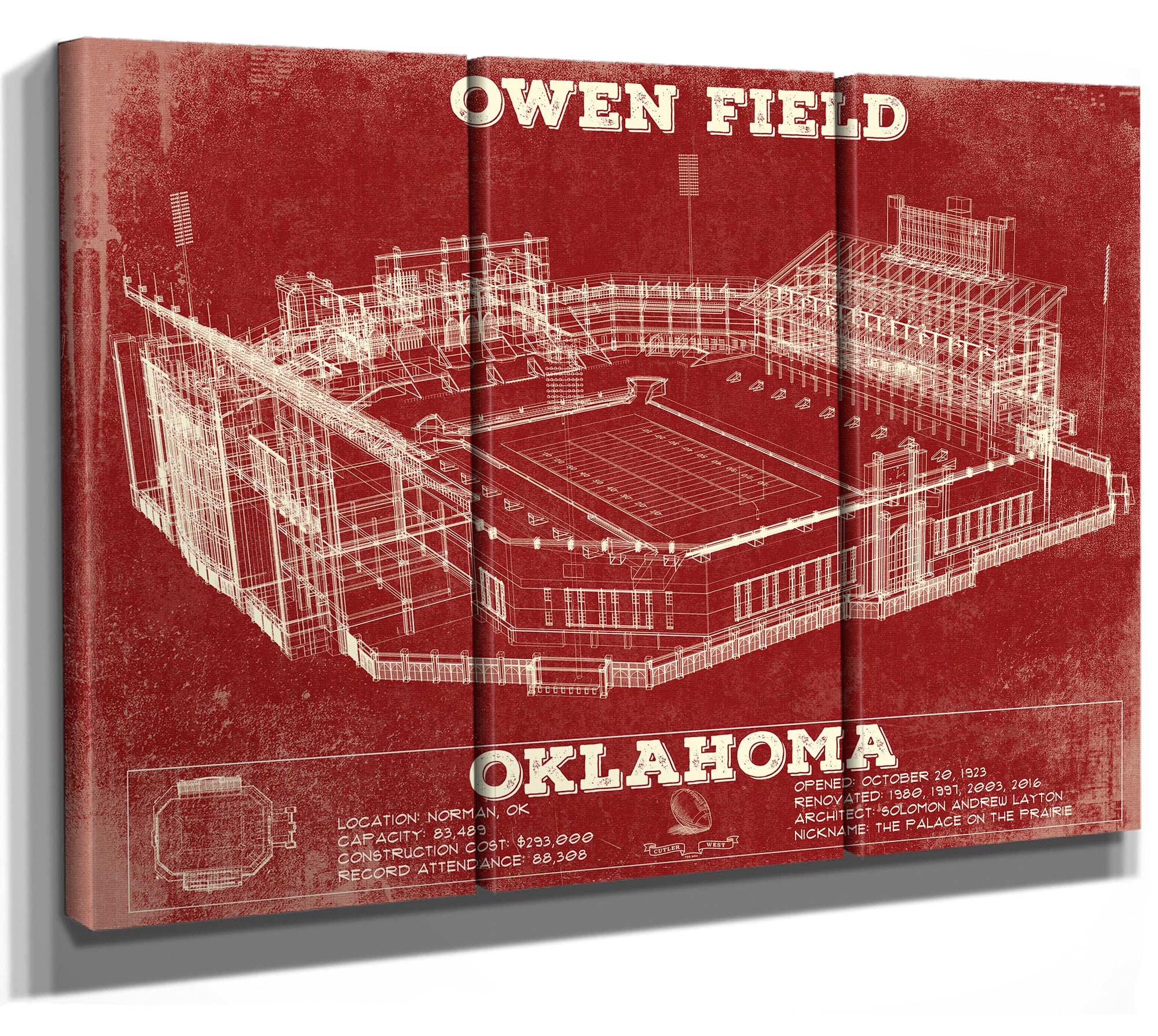 Oklahoma Sooners Football - Gaylord Family Oklahoma Memorial Vintage Stadium Blueprint Art Print (Copy)