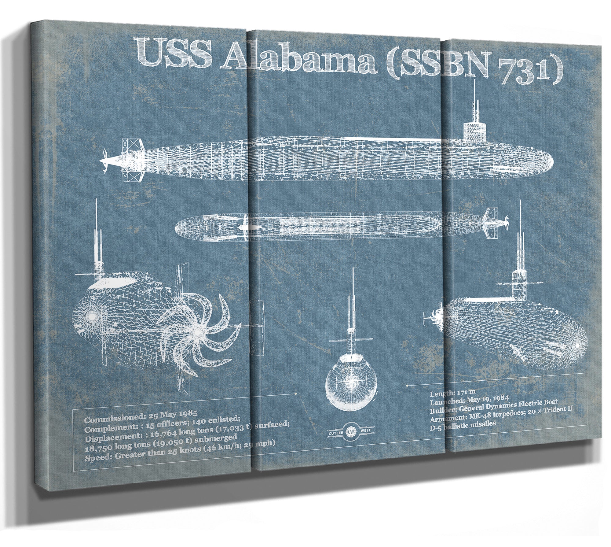 USS Alabama (SSBN-731) Blueprint Original Military Wall Art - Customizable