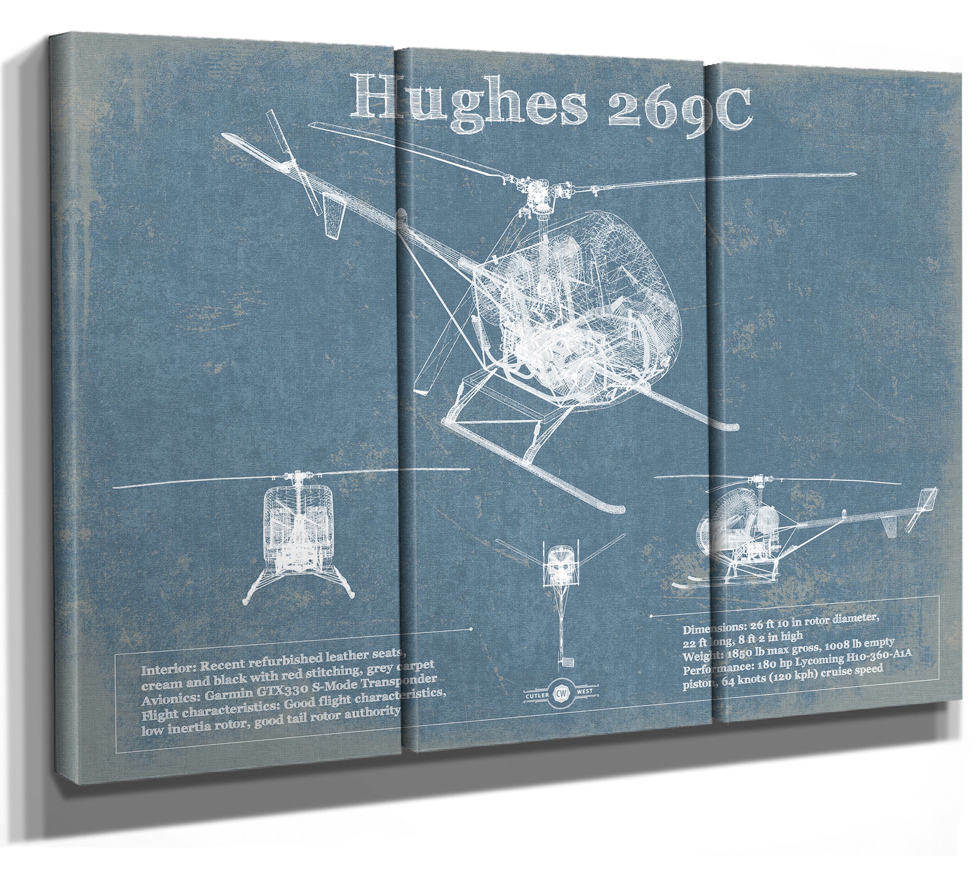 Hughes 269C Helicopter Vintage Aviation Blueprint Print