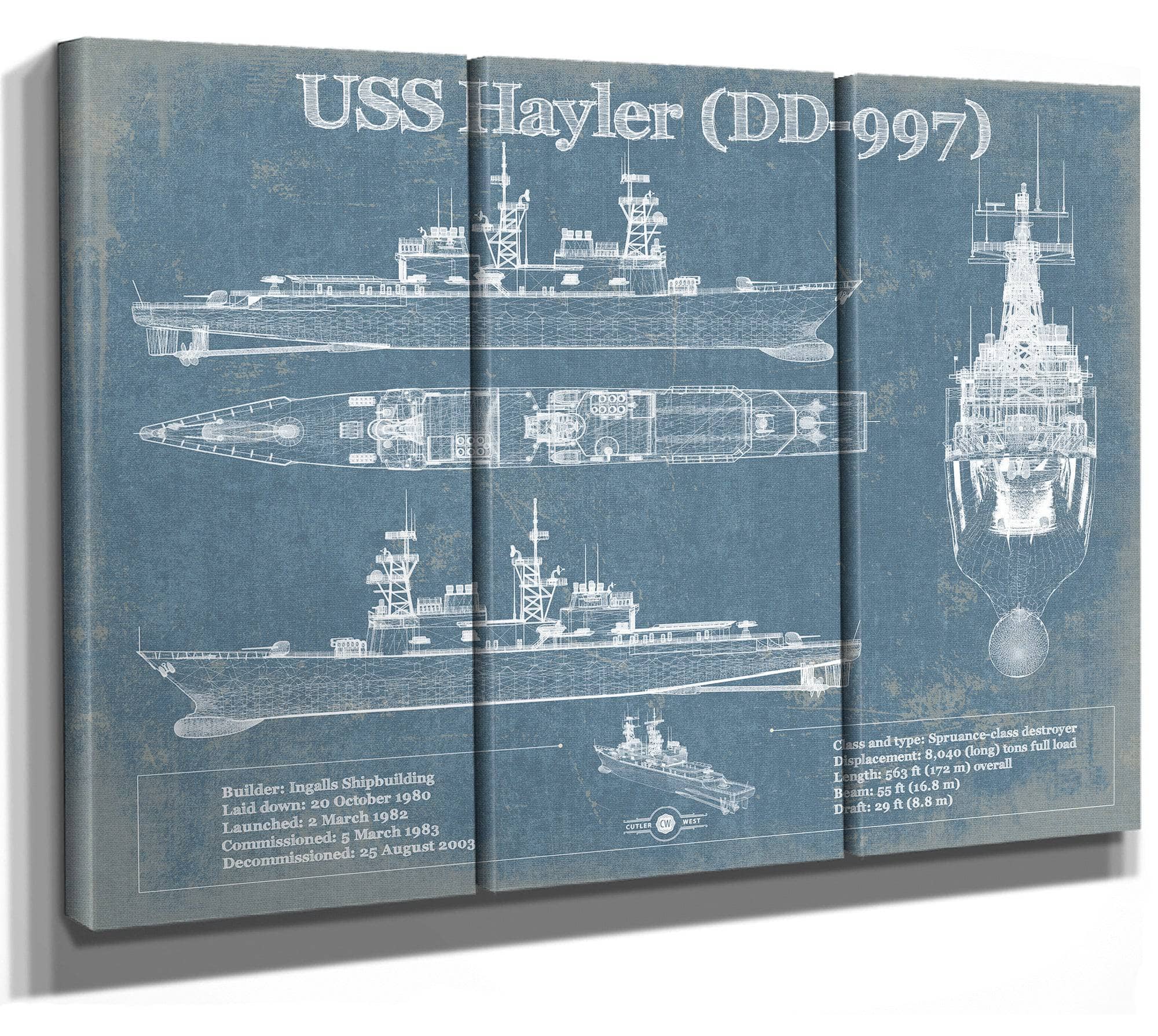 USS Hayler (DD-997) Blueprint Original Military Wall Art - Customizable