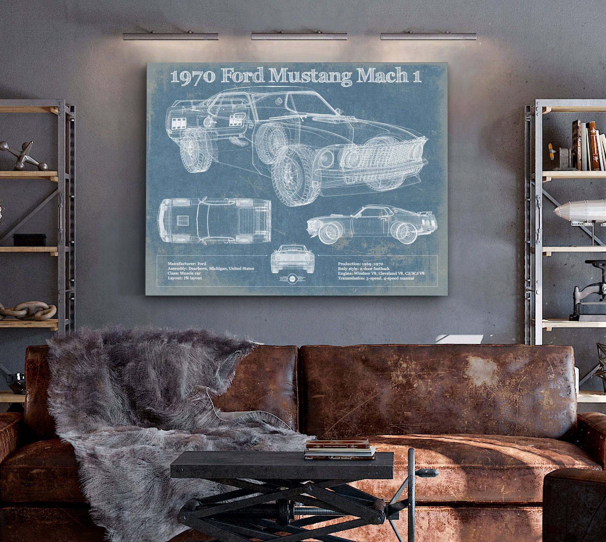 1970 Ford Mustang Mach 1 Vintage Blueprint Auto Print