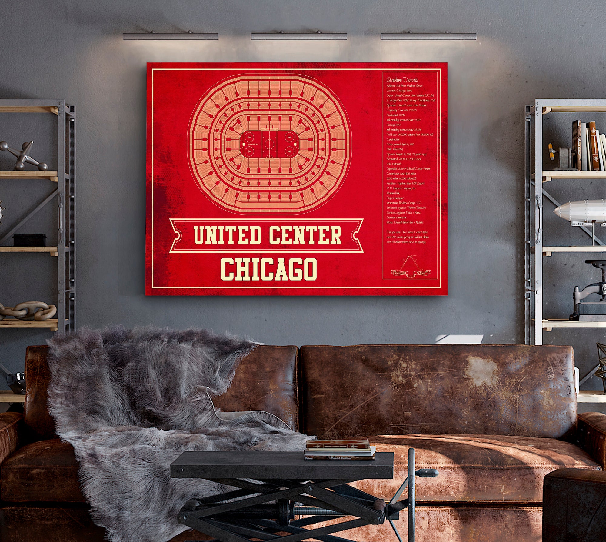 Chicago Blackhawks Team Colors - United Center Vintage Hockey Blueprint NHL Print