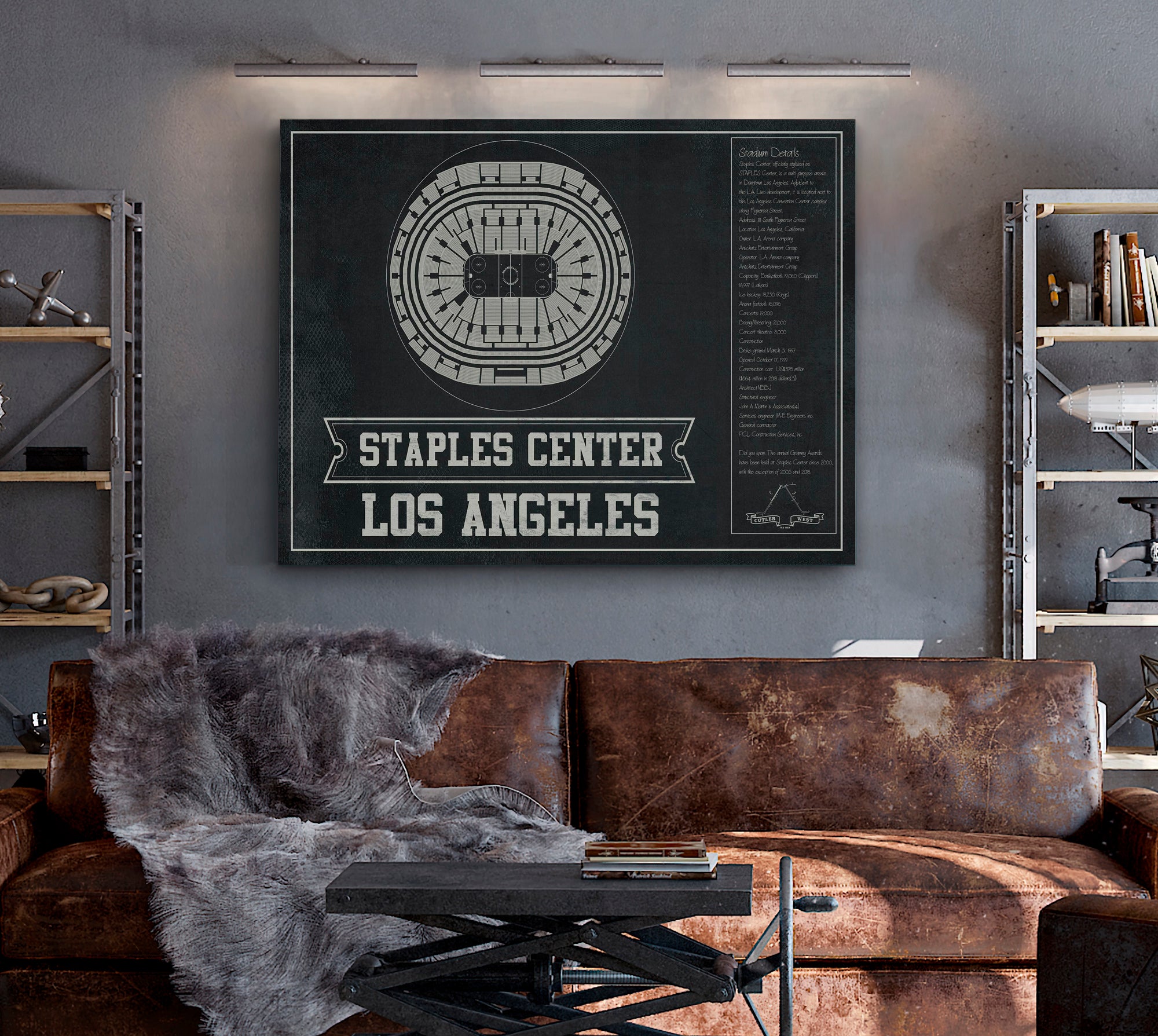 Los Angeles Kings Team Colors - Staples Center (Crypto.com Arena) Vintage Hockey Blueprint NHL Print