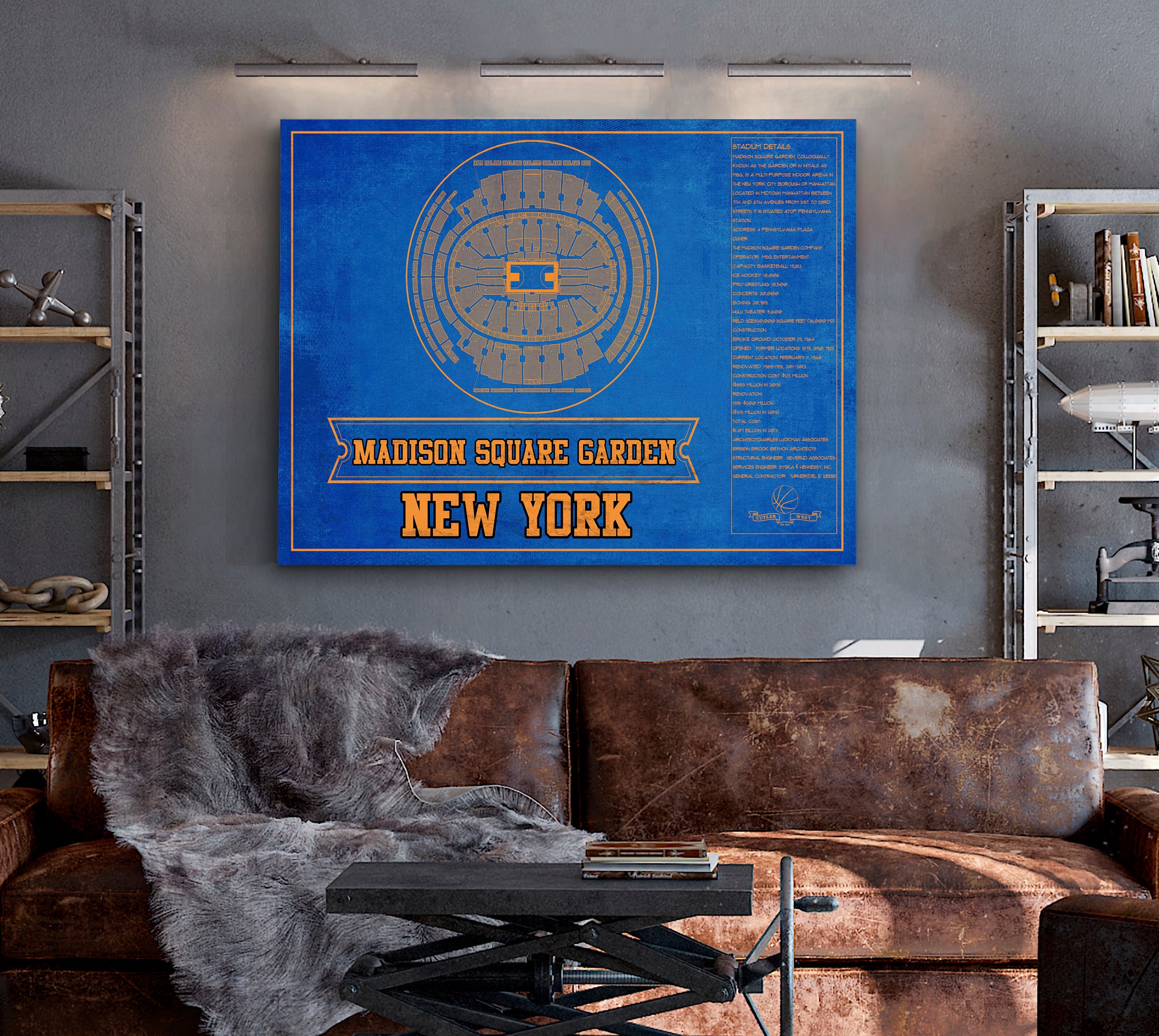 New York Knicks - Madison Square Garden Vintage Blueprint NBA Basketball NBA Team Color Print