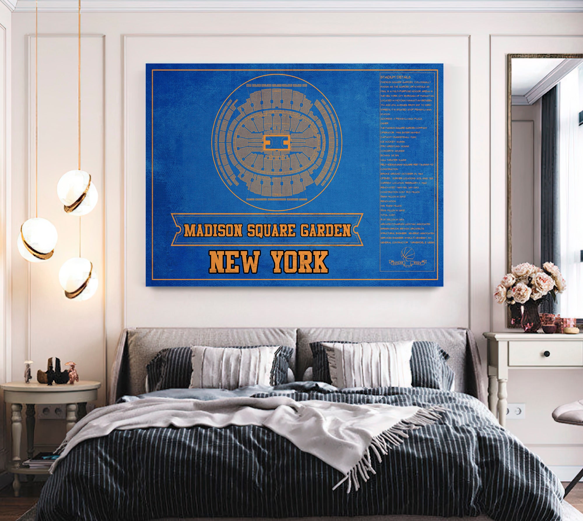 New York Knicks - Madison Square Garden Vintage Blueprint NBA Basketball NBA Team Color Print