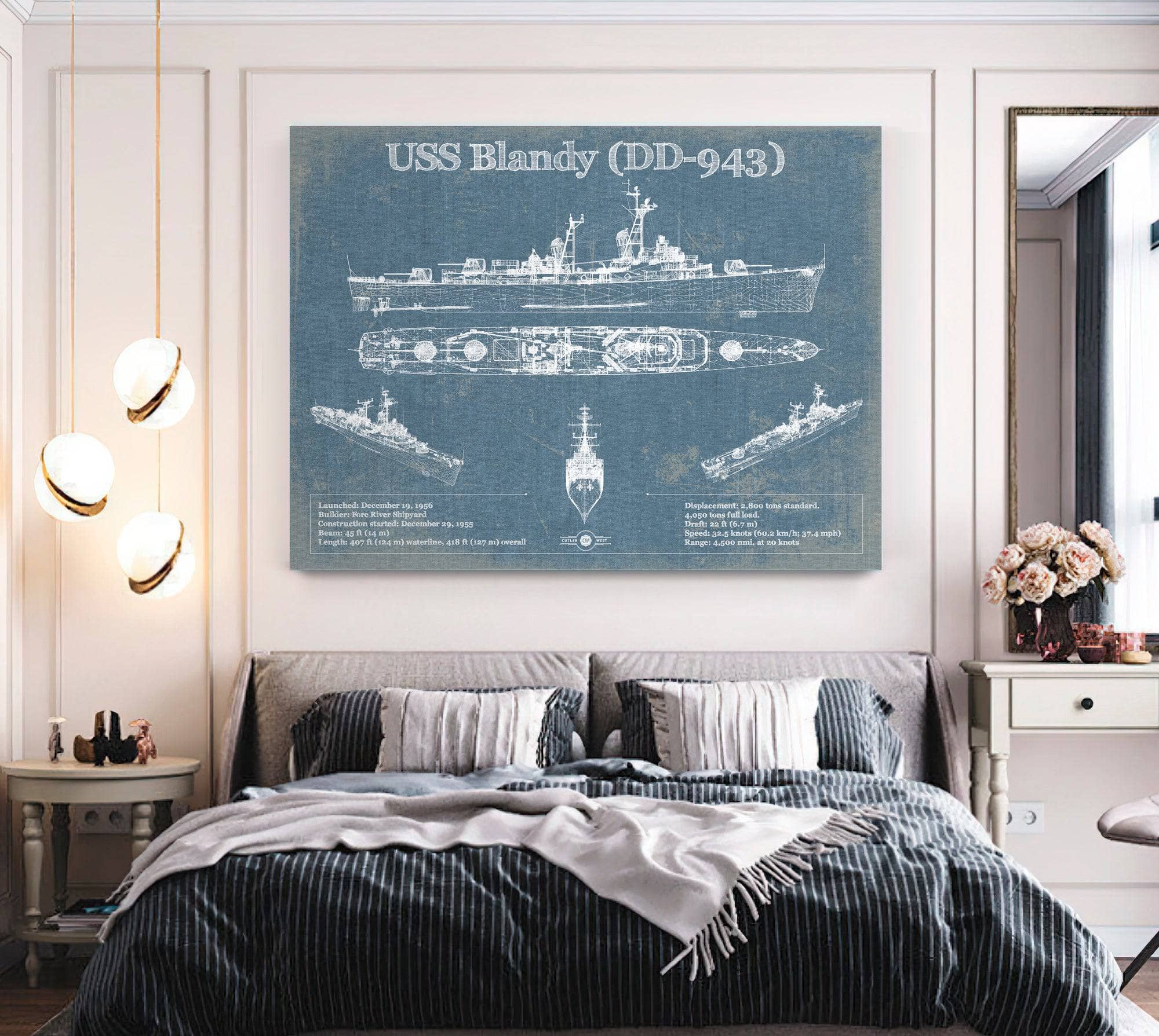USS Blandy (DD-943) Forrest Sherman-class Destroyer Blueprint Original Military Wall Art - Customizable