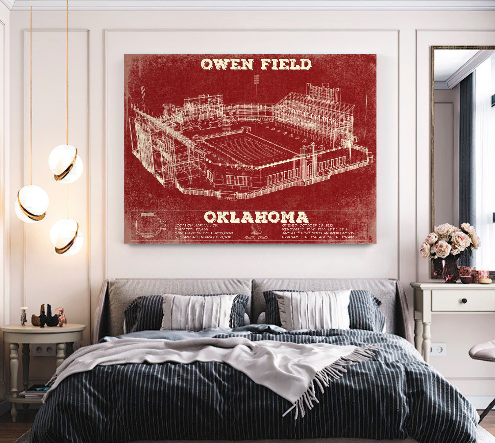 Oklahoma Sooners Football - Gaylord Family Oklahoma Memorial Vintage Stadium Blueprint Art Print (Copy)