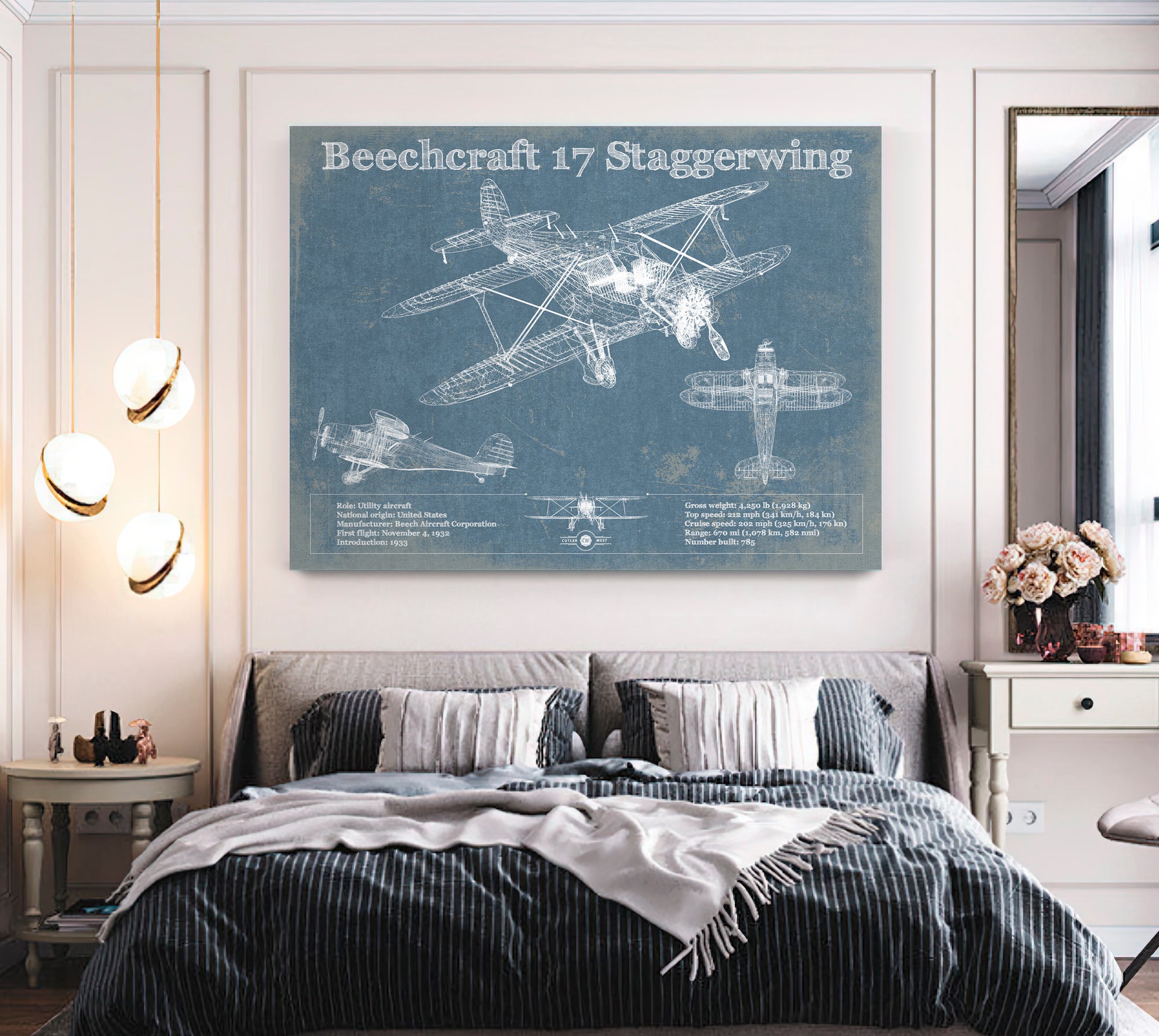 Beechcraft Model 17 Staggerwing Vintage Blueprint Airplane Print