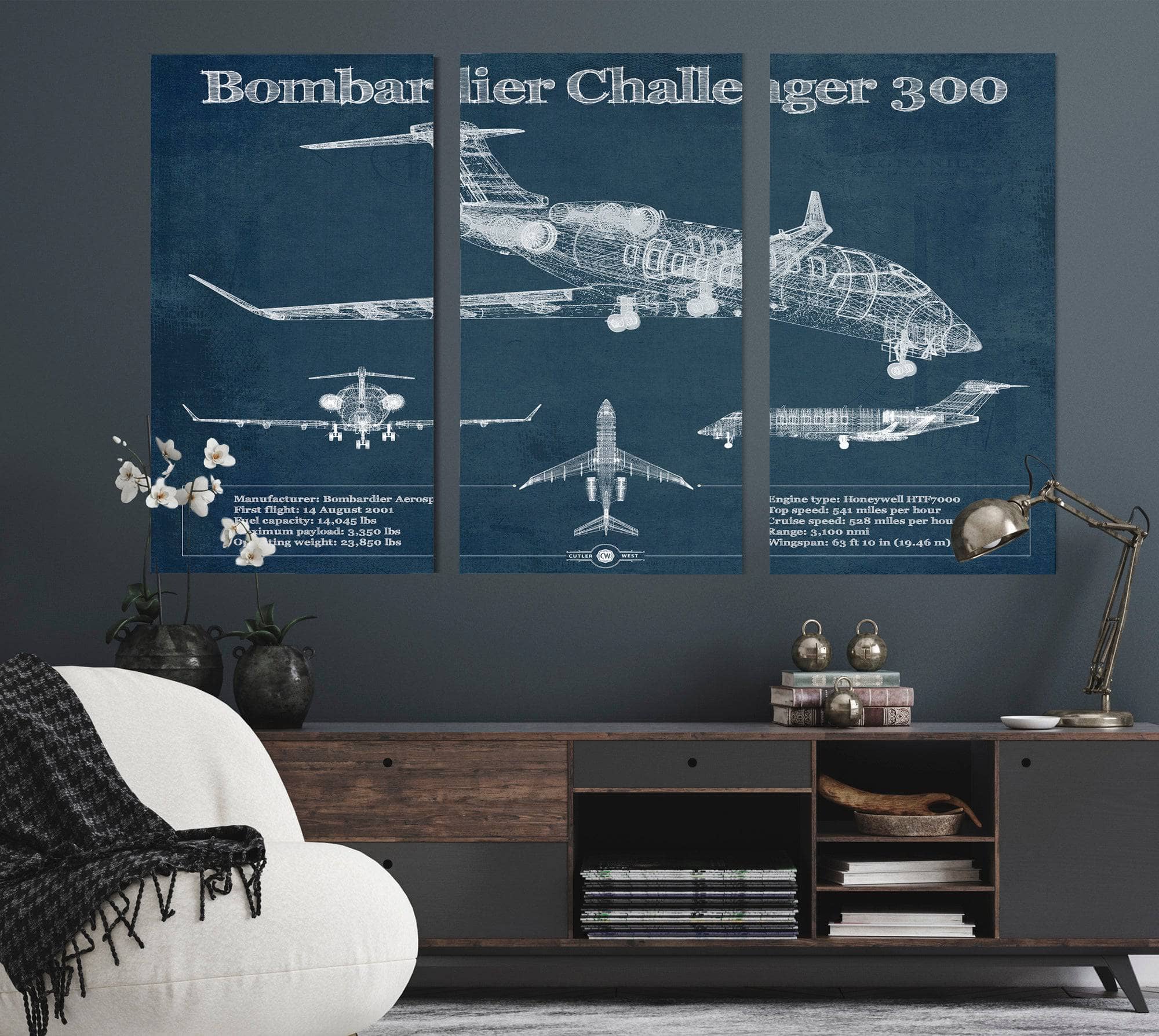 Bombardier Challenger 300 Vintage Aviation Blueprint Print - Custom Pilot Name can be Added