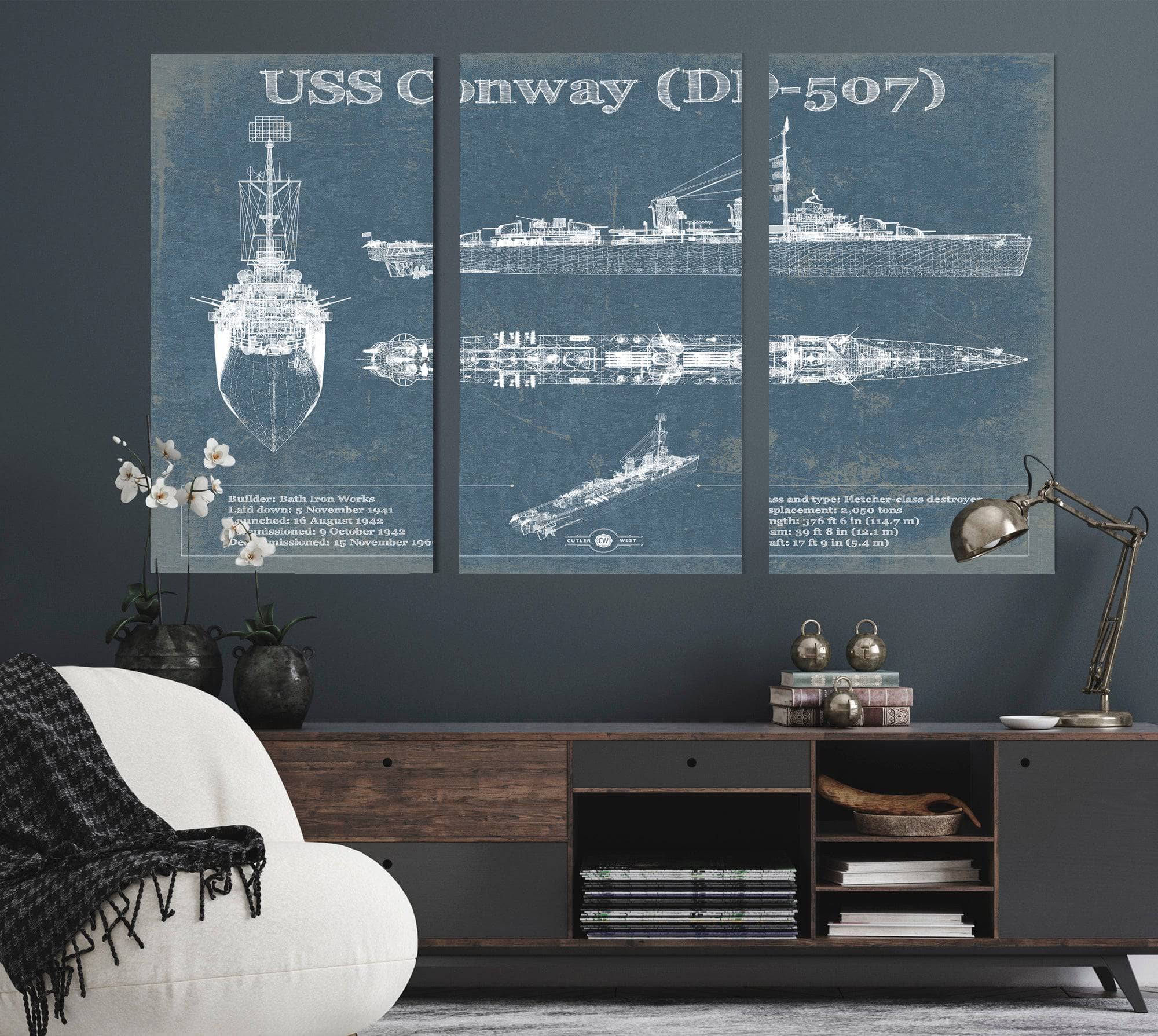 USS Conway (DD-507) Blueprint Original Military Wall Art - Customizable