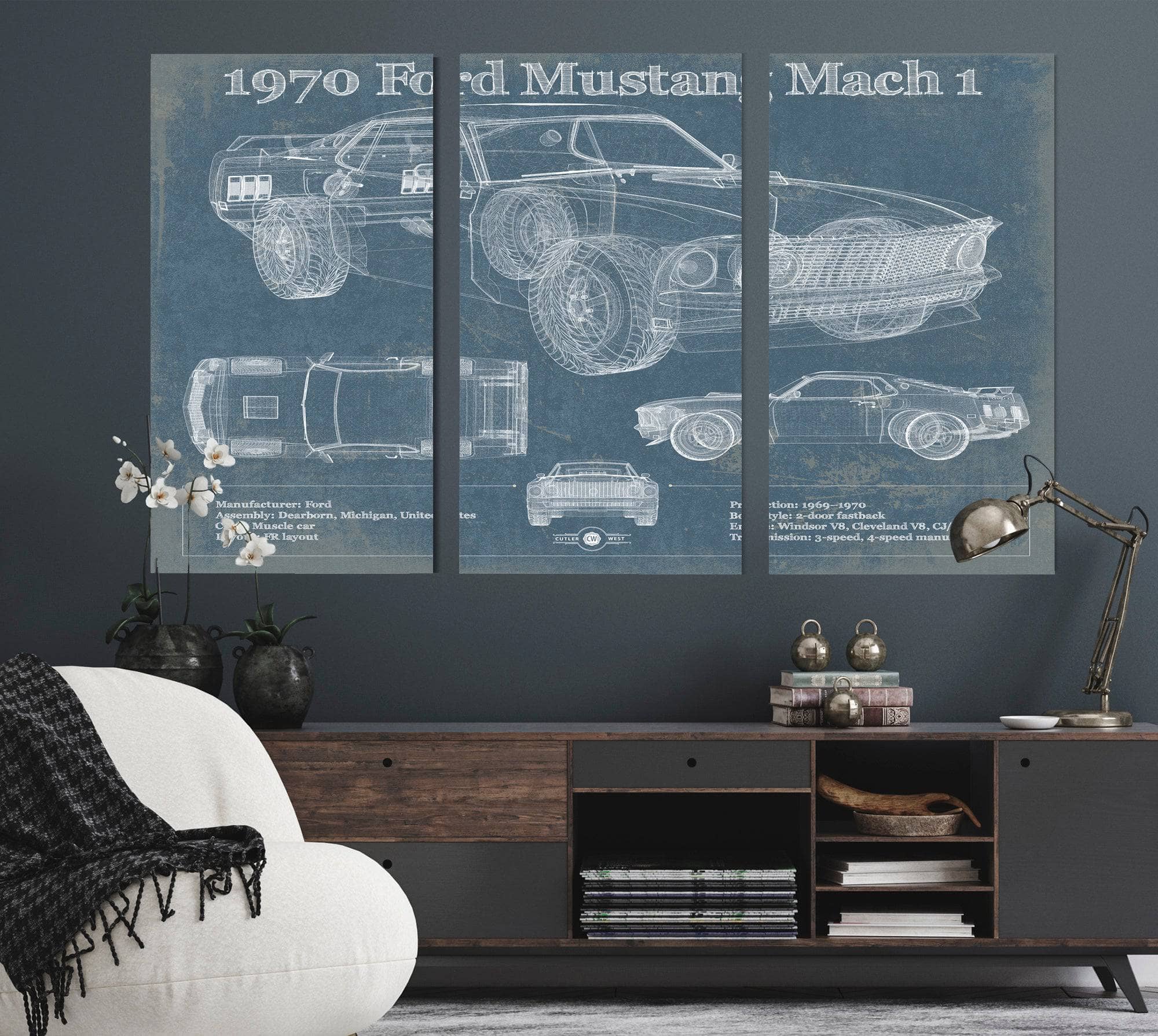 1970 Ford Mustang Mach 1 Vintage Blueprint Auto Print