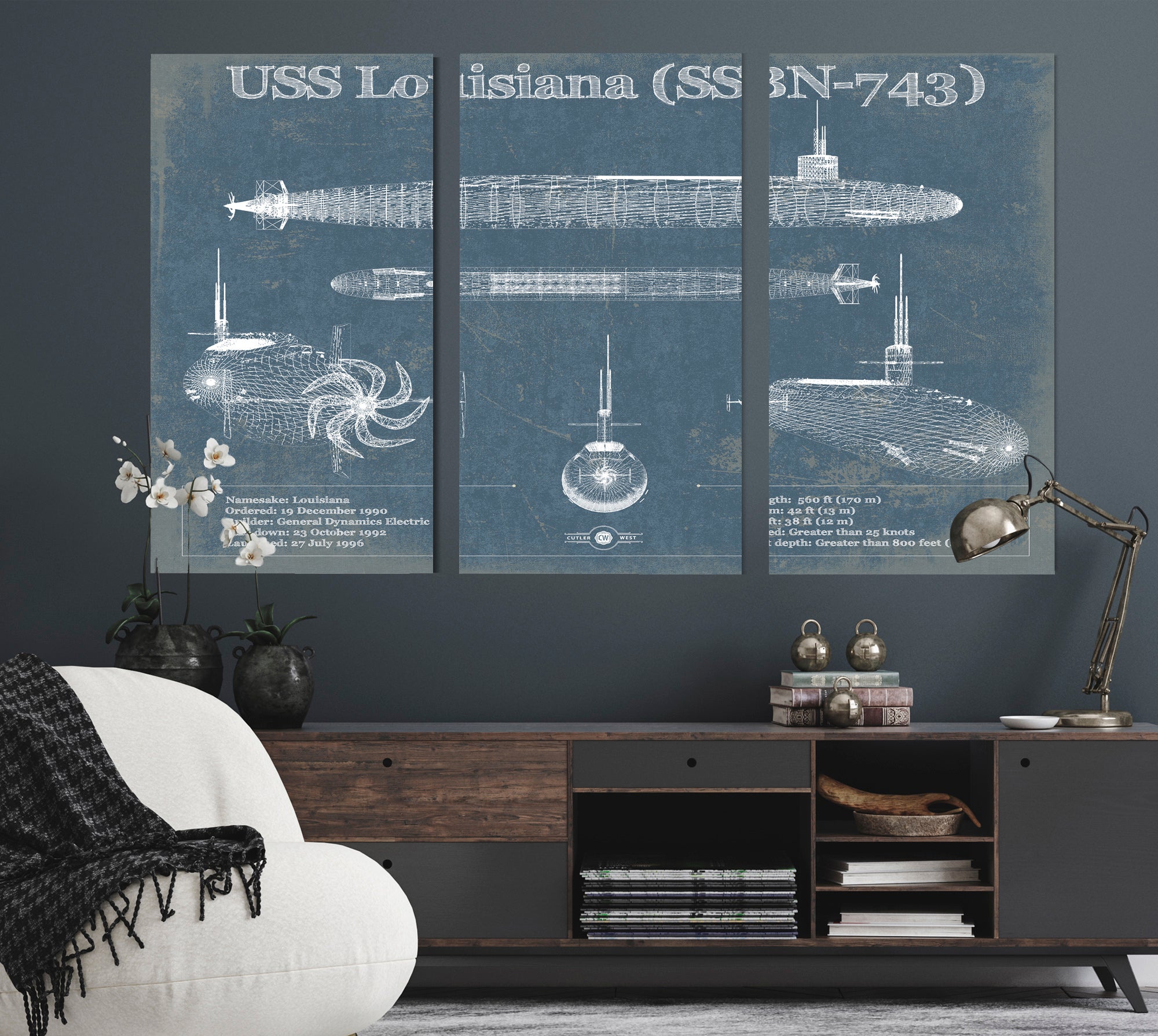 USS Louisiana (SSBN-743) Blueprint Original Military Wall Art - Customizable