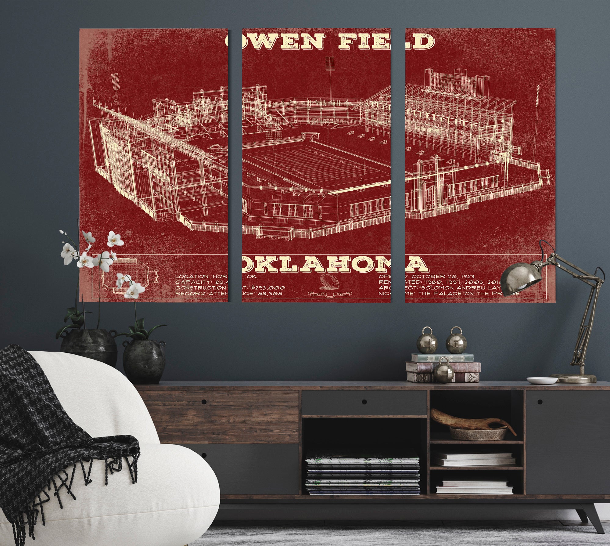 Oklahoma Sooners Football - Gaylord Family Oklahoma Memorial Vintage Stadium Blueprint Art Print (Copy)