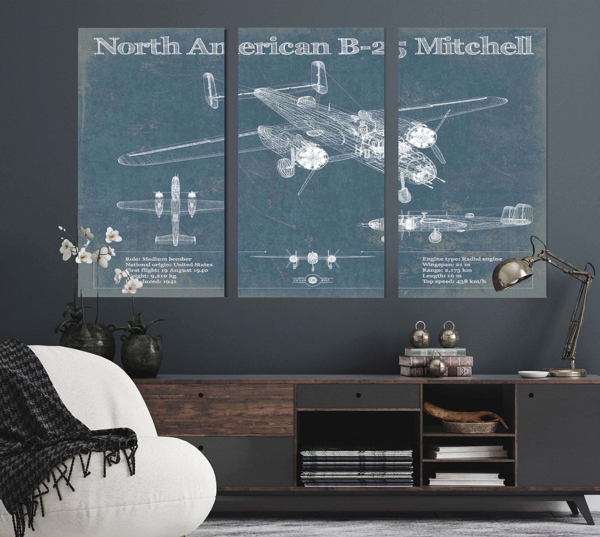 North American B-25 Mitchell Vintage Aviation Blueprint Military Print - Custom Name and Squadron Text