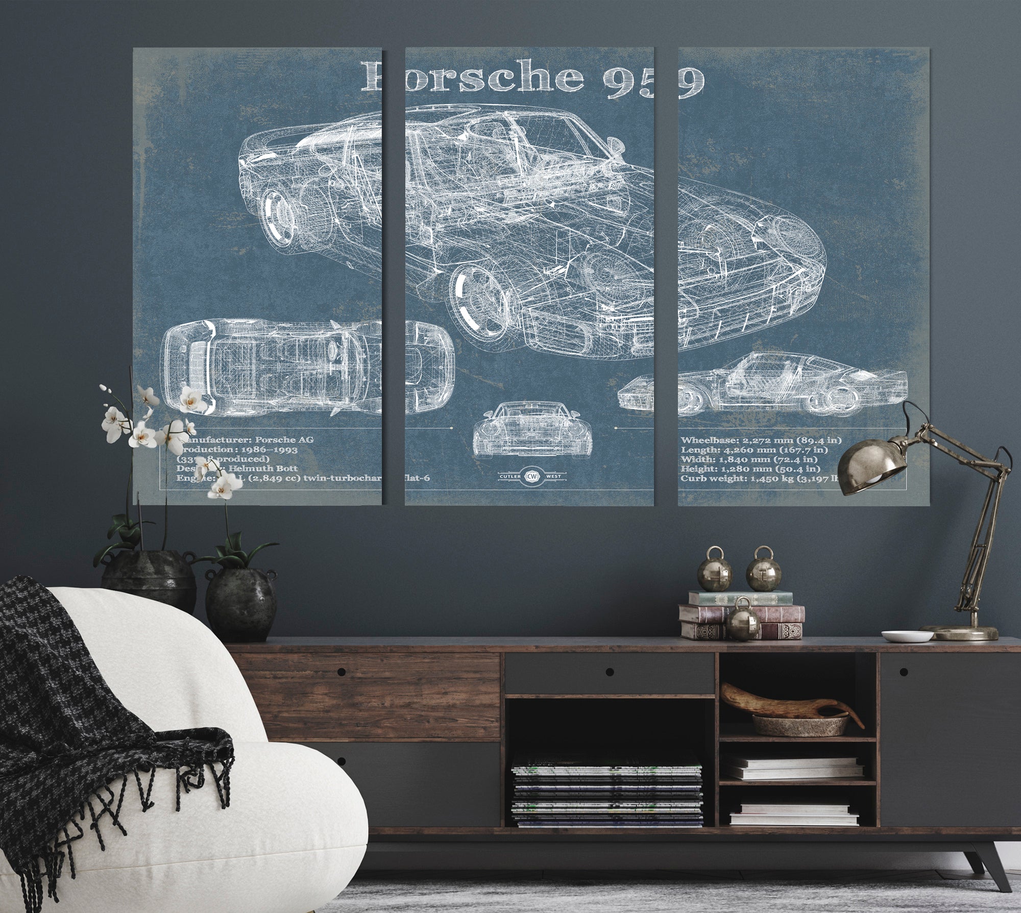 Porsche 959 Vintage Blueprint Auto Print