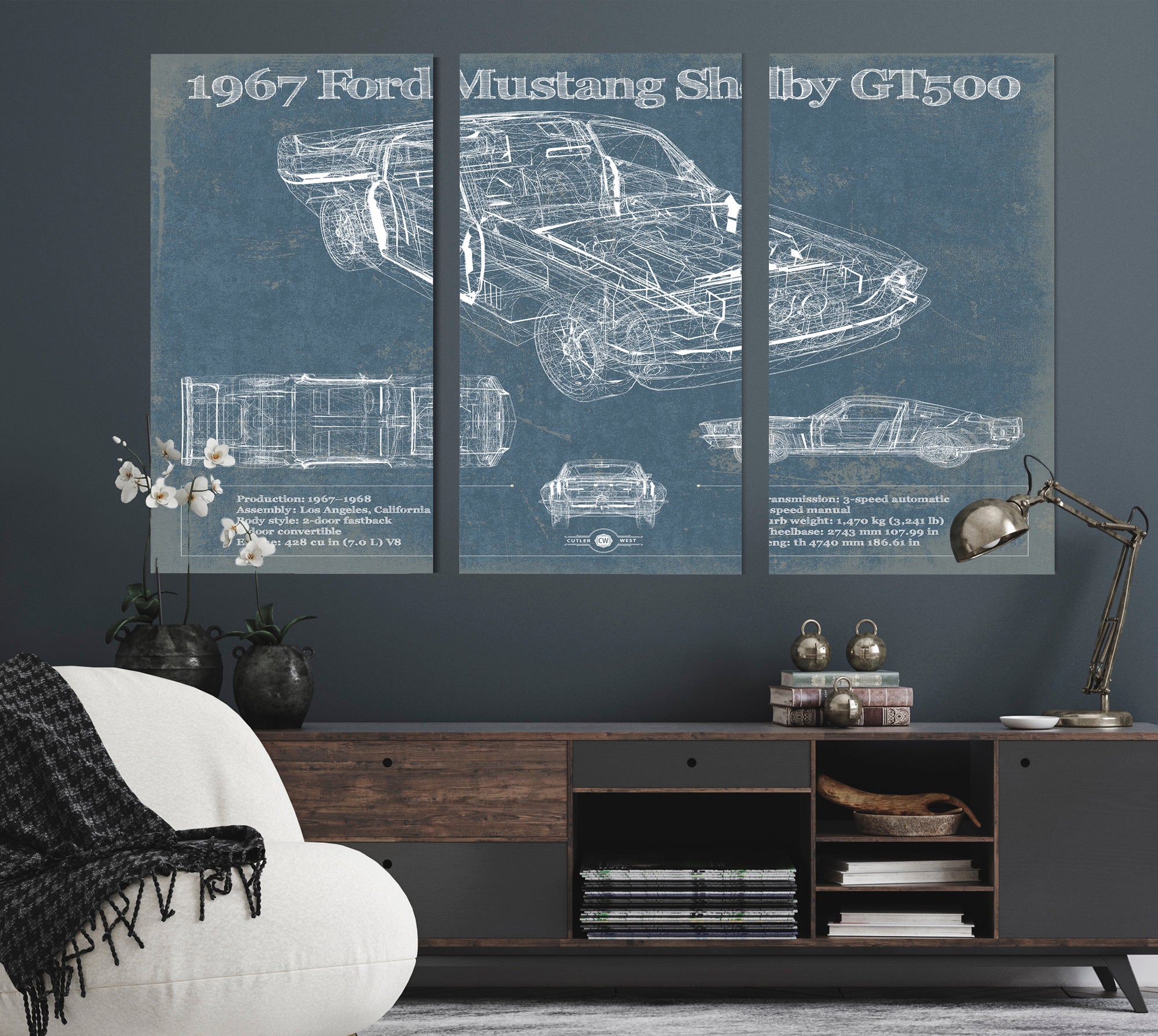 1967 Ford Mustang Shelby GT500 Vintage Blueprint Auto Print