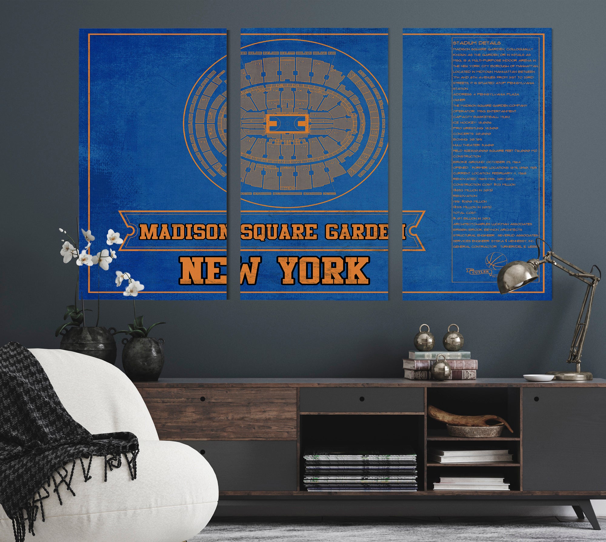 New York Knicks - Madison Square Garden Vintage Blueprint NBA Basketball NBA Team Color Print