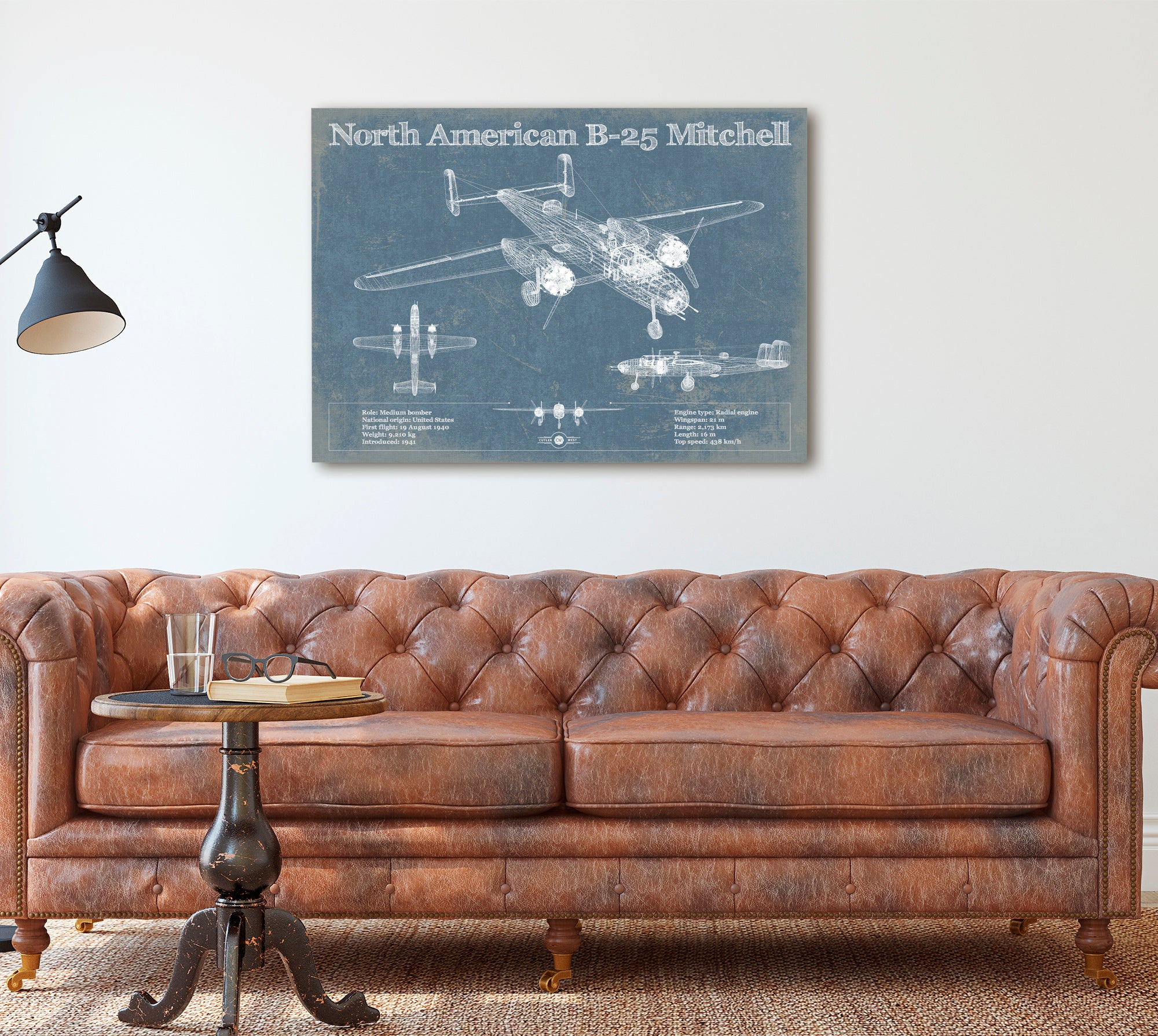 North American B-25 Mitchell Vintage Aviation Blueprint Military Print - Custom Name and Squadron Text