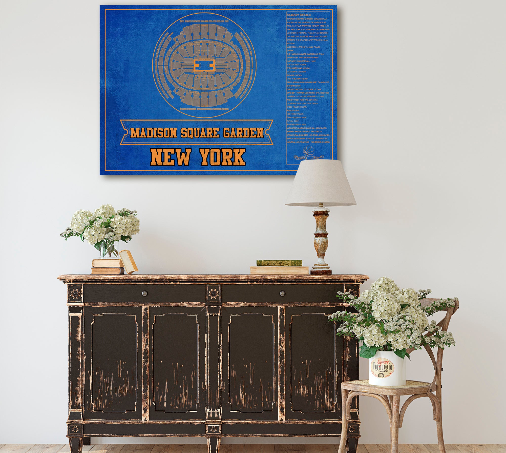 New York Knicks - Madison Square Garden Vintage Blueprint NBA Basketball NBA Team Color Print