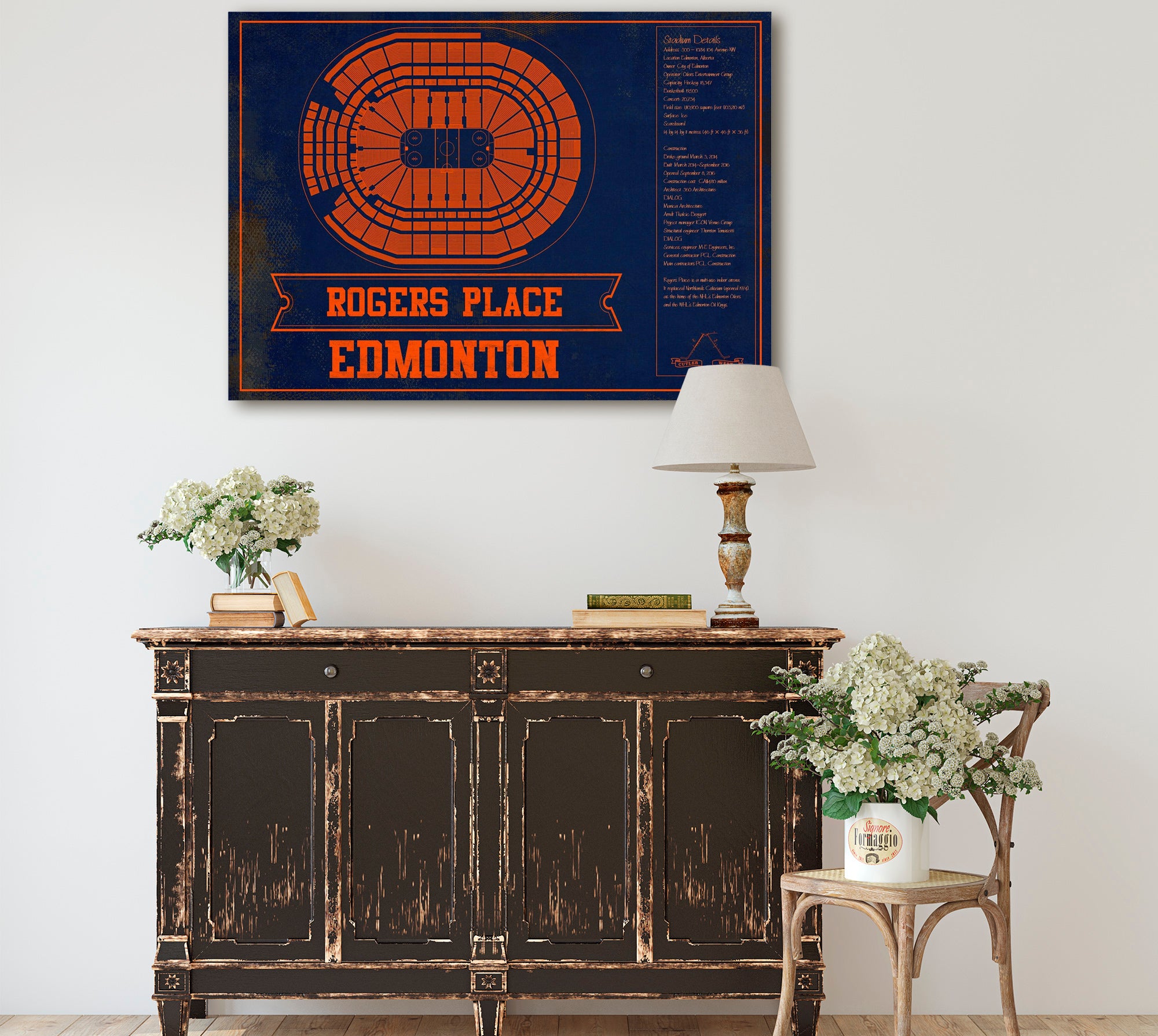 Edmonton Oilers Team Colors - Rogers Place Vintage Hockey Blueprint NHL Print