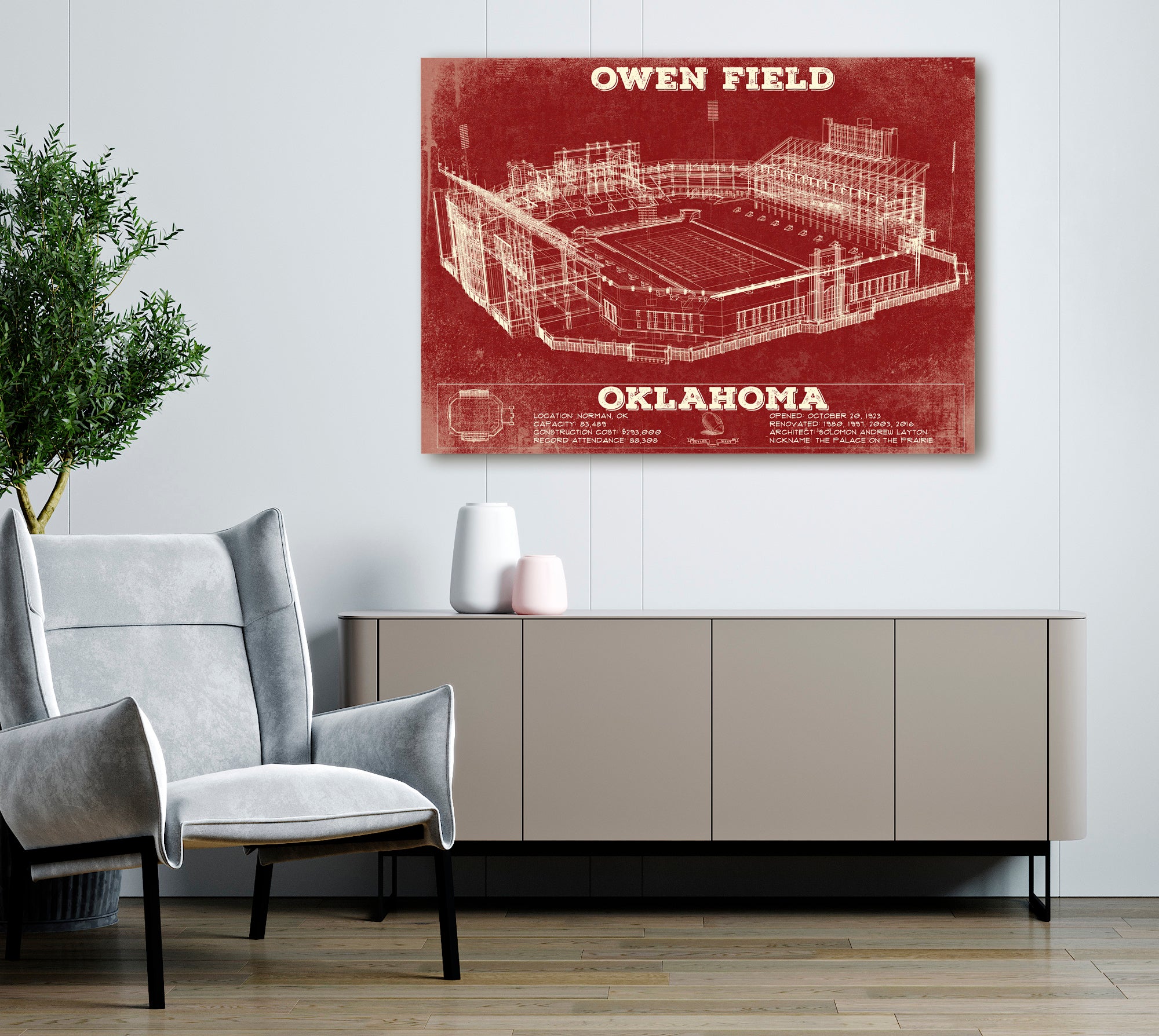 Oklahoma Sooners Football - Gaylord Family Oklahoma Memorial Vintage Stadium Blueprint Art Print (Copy)