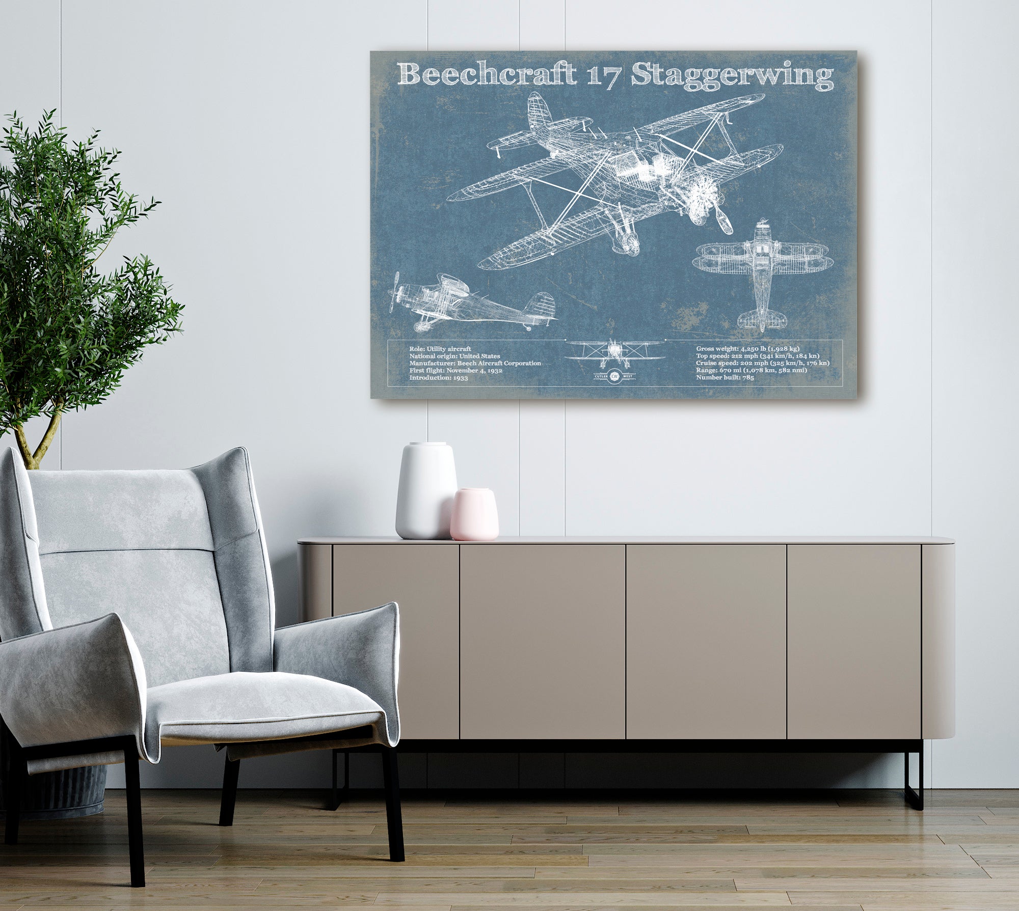 Beechcraft Model 17 Staggerwing Vintage Blueprint Airplane Print