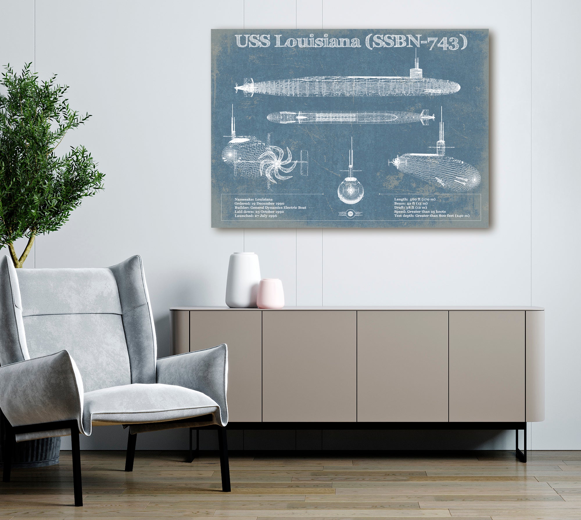 USS Louisiana (SSBN-743) Blueprint Original Military Wall Art - Customizable