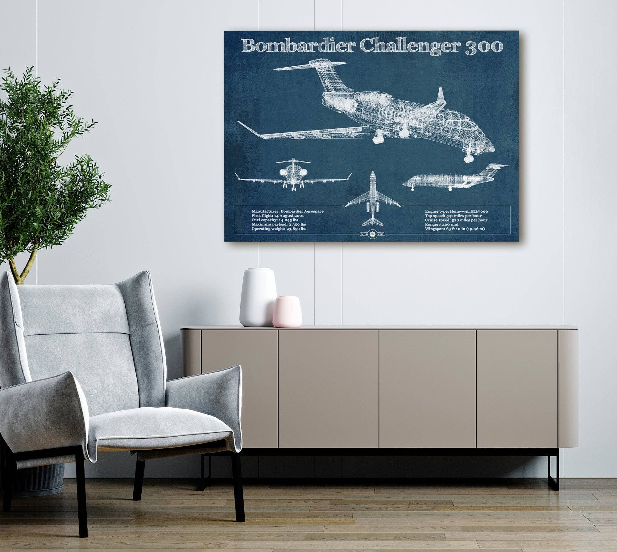 Bombardier Challenger 300 Vintage Aviation Blueprint Print - Custom Pilot Name can be Added