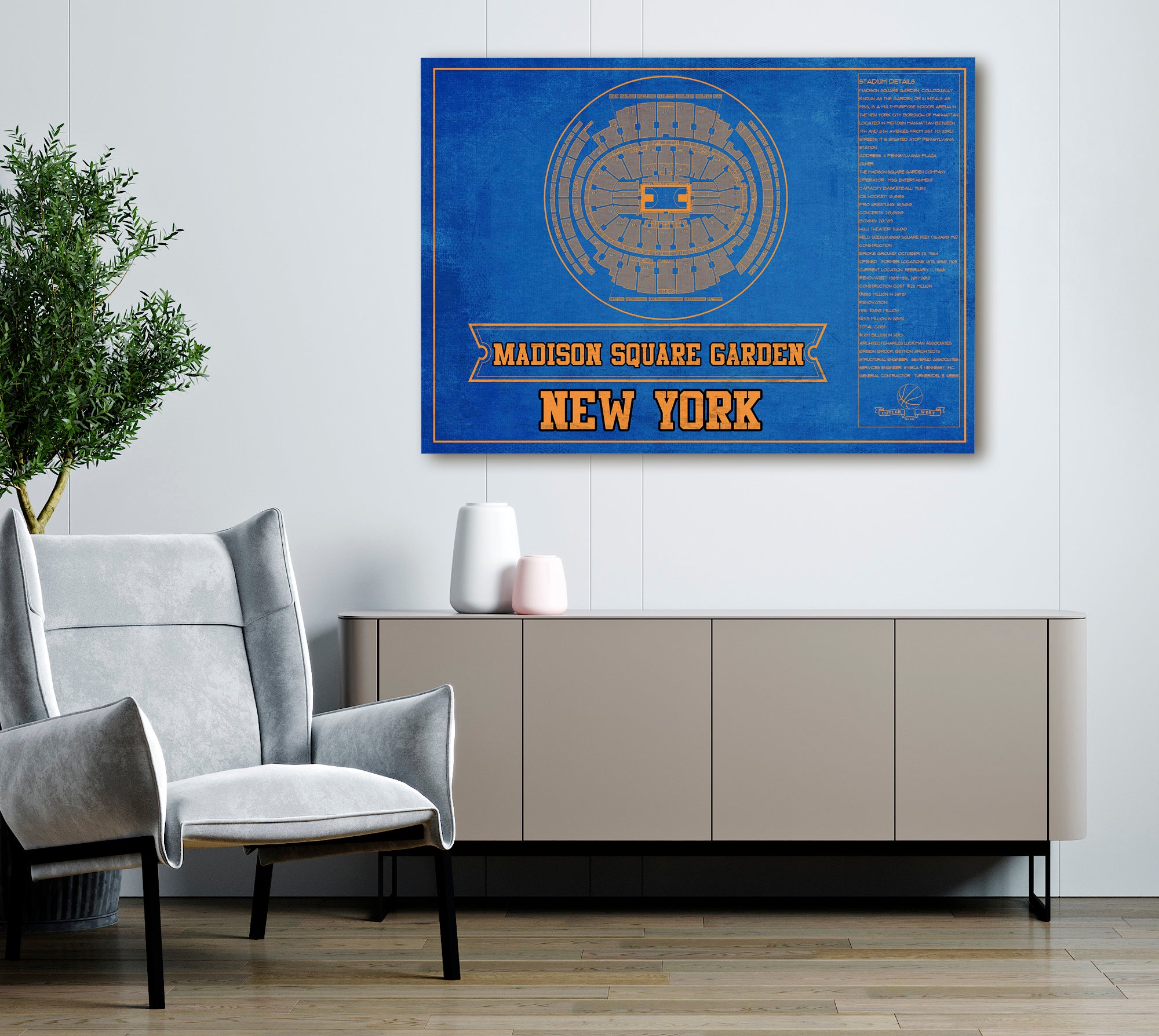 New York Knicks - Madison Square Garden Vintage Blueprint NBA Basketball NBA Team Color Print