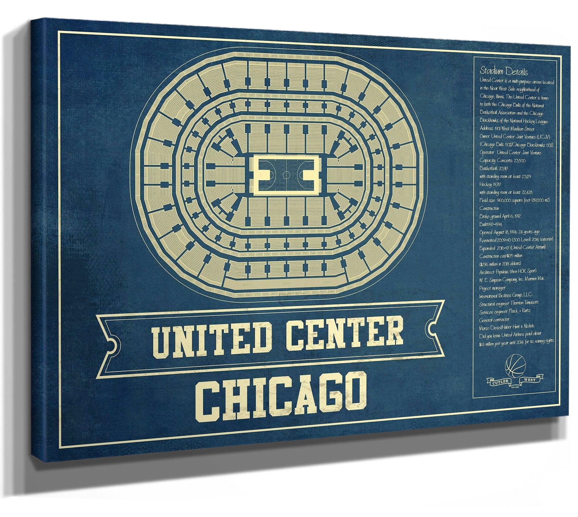 Chicago Bulls United Center Vintage Basketball Blueprint NBA Print