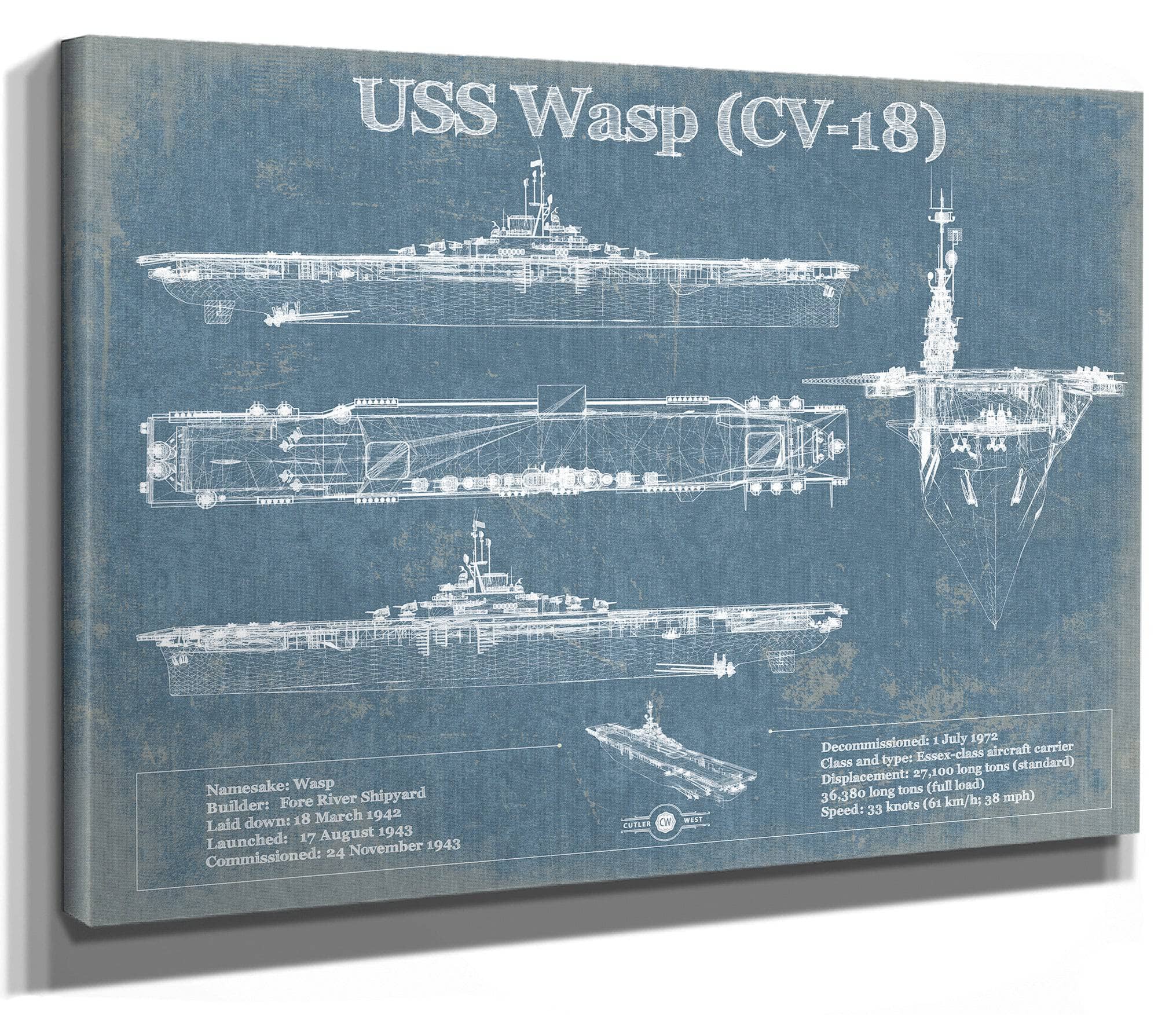 USS Wasp (CV-18) Aircraft Carrier Blueprint Original Military Wall Art - Customizable