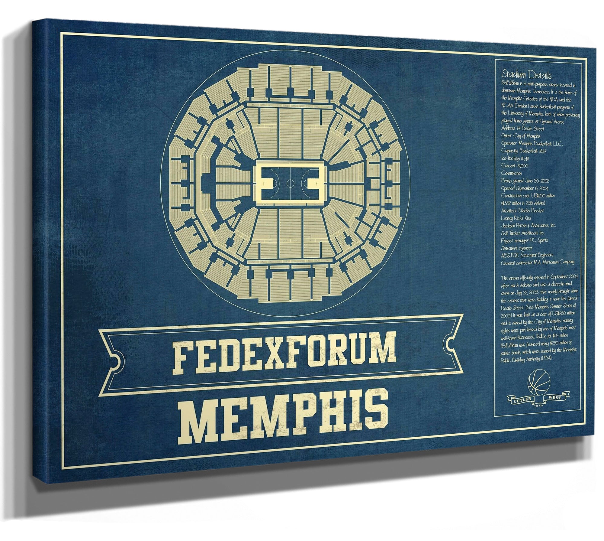 Memphis Grizzlies Fedexforum Vintage Basketball Blueprint NBA Print