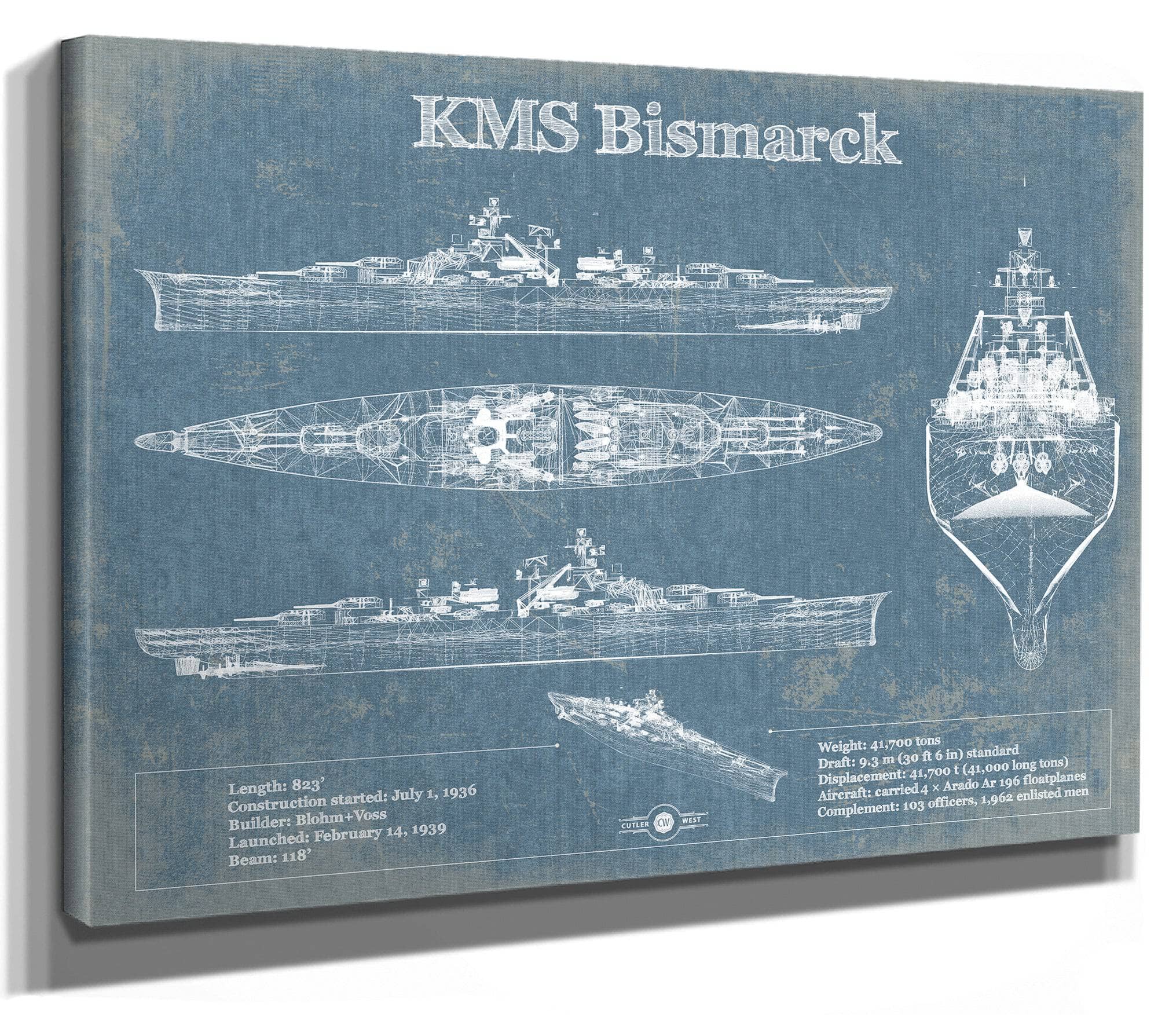 KMS Bismarck German Battleship Blueprint Original Military Wall Art - Customizable