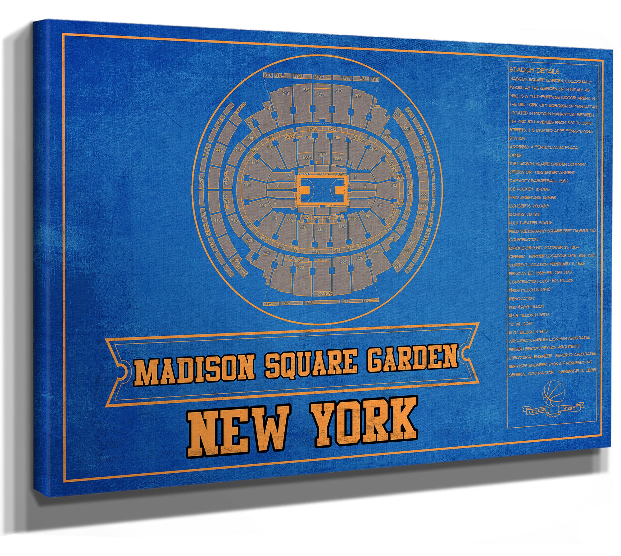 New York Knicks - Madison Square Garden Vintage Blueprint NBA Basketball NBA Team Color Print