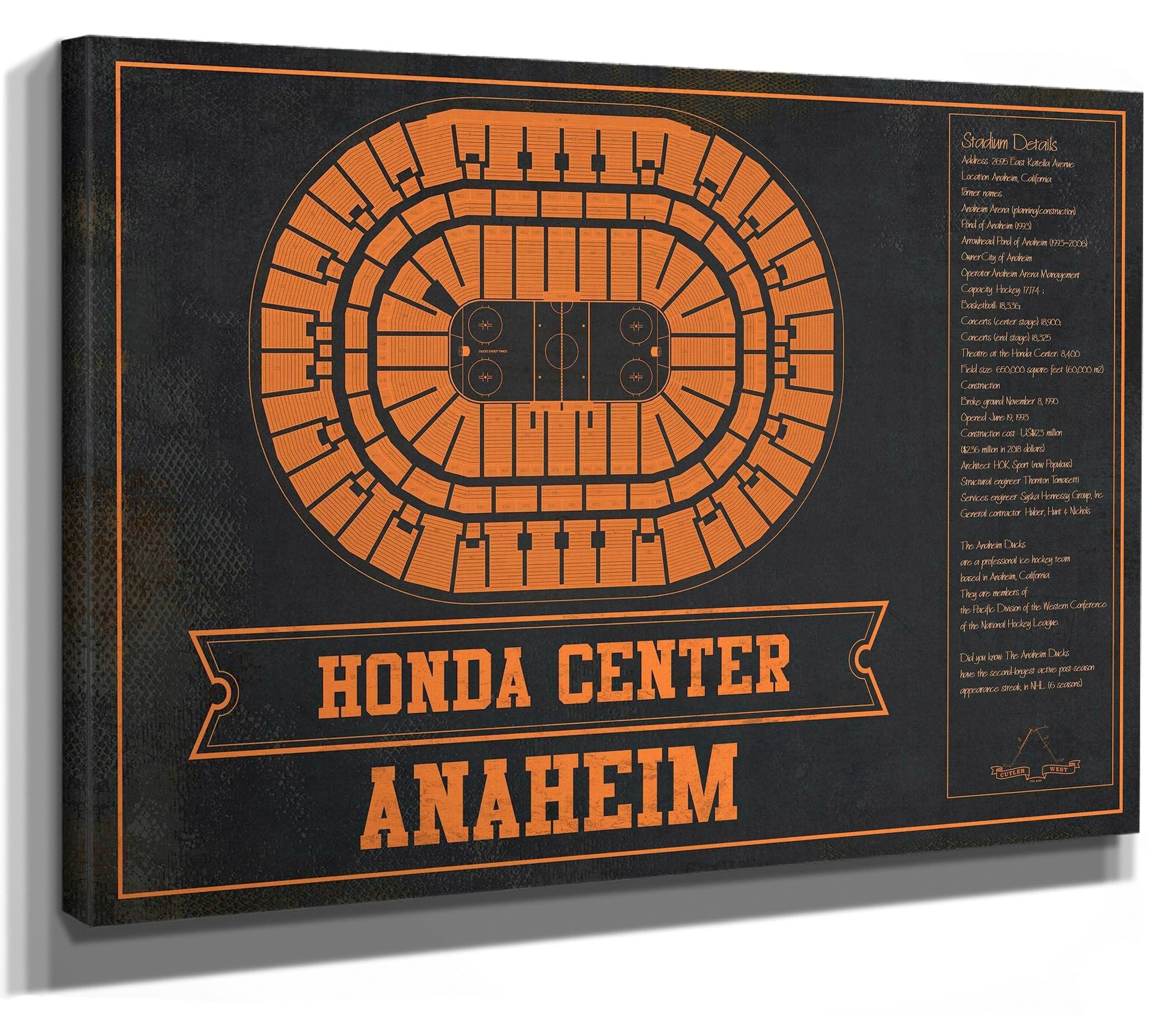 Anaheim Ducks Team Colors - Honda Center Vintage Hockey Blueprint NHL Print