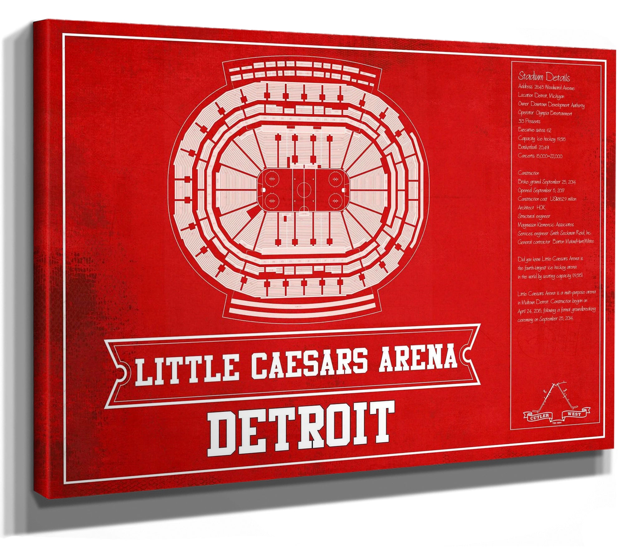 Detroit Red Wings Team Colors - Little Caesars Arena Vintage Hockey Blueprint NHL Print