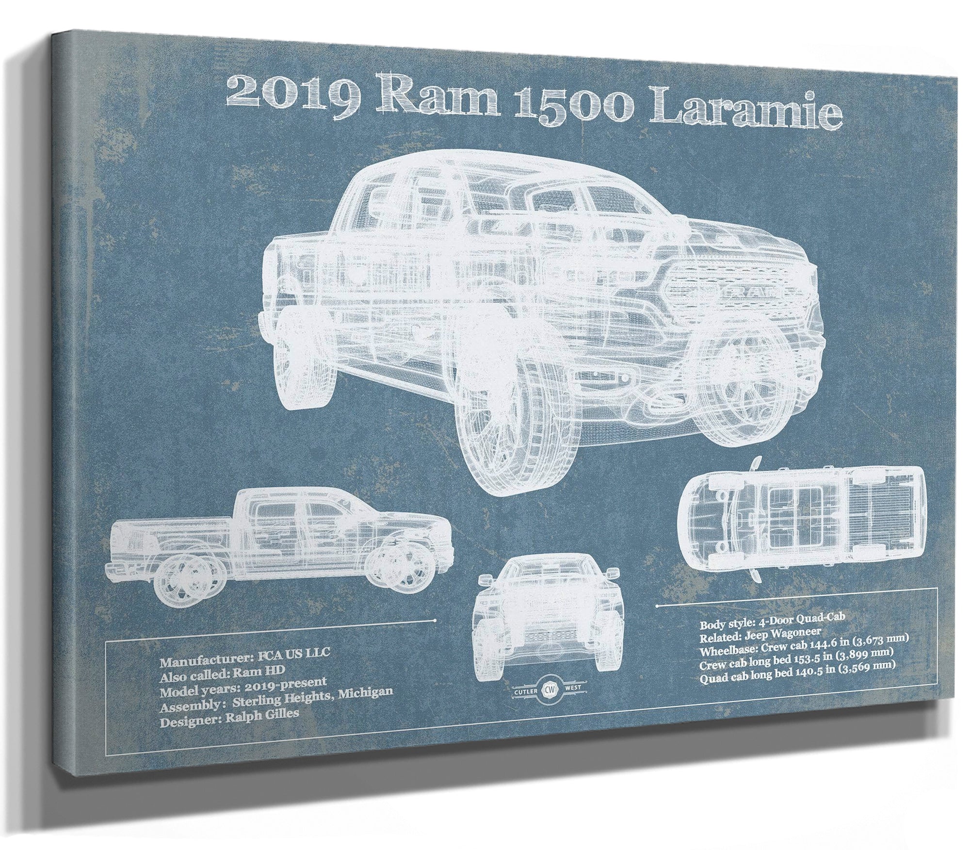 Dodge Ram 1500 Laramie 2019 Vintage Blueprint Auto Print