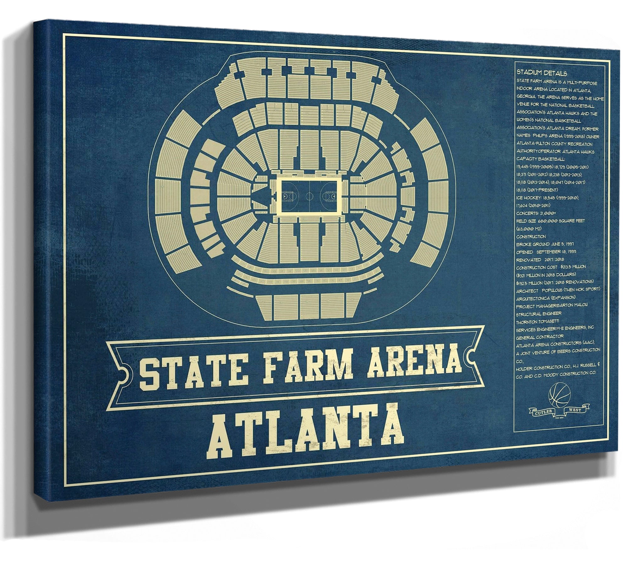 Atlanta Hawks - State Farm Arena Vintage Basketball Blueprint NBA Print