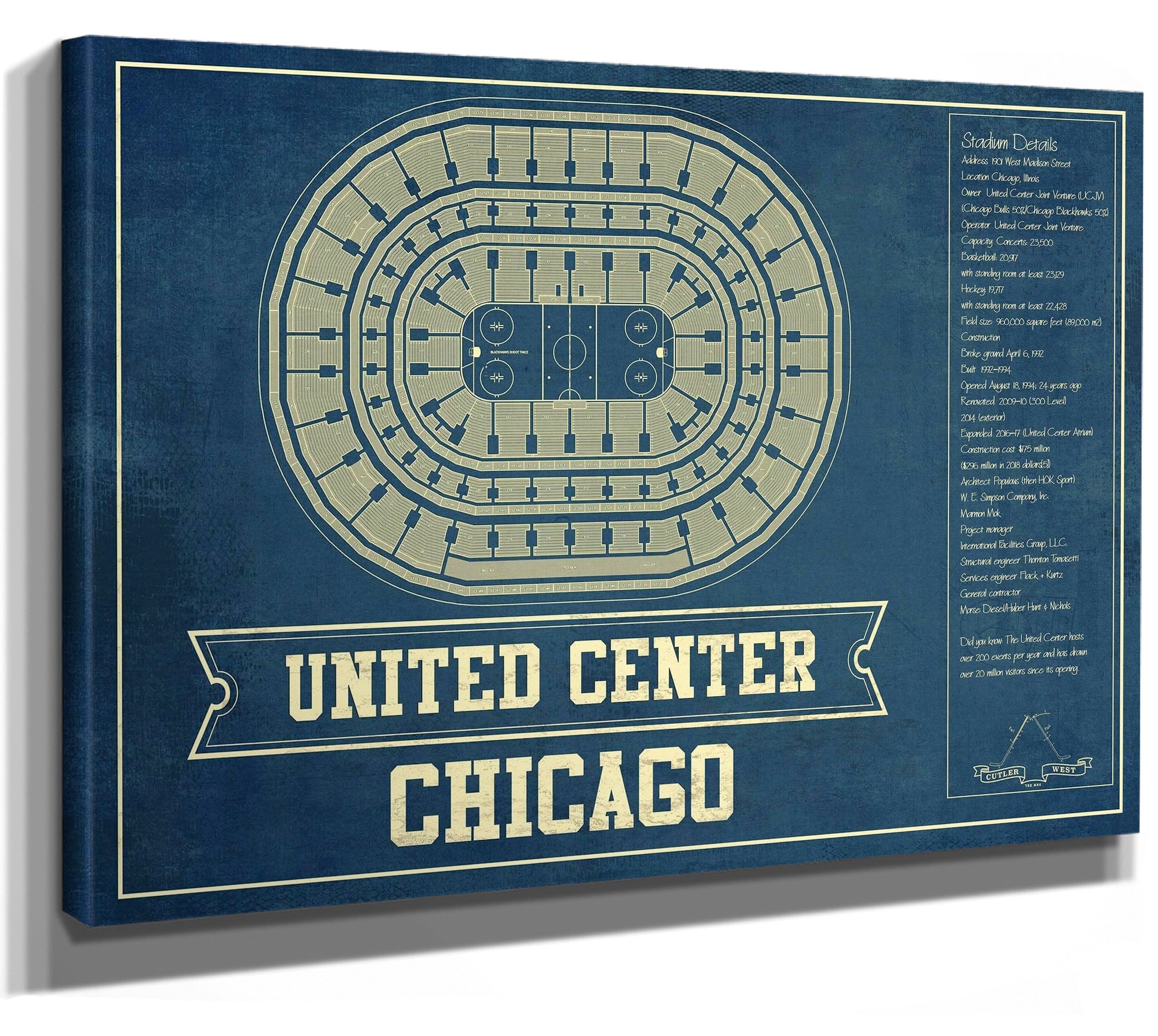Chicago Blackhawks - United Center Vintage Hockey Blueprint NHL Print