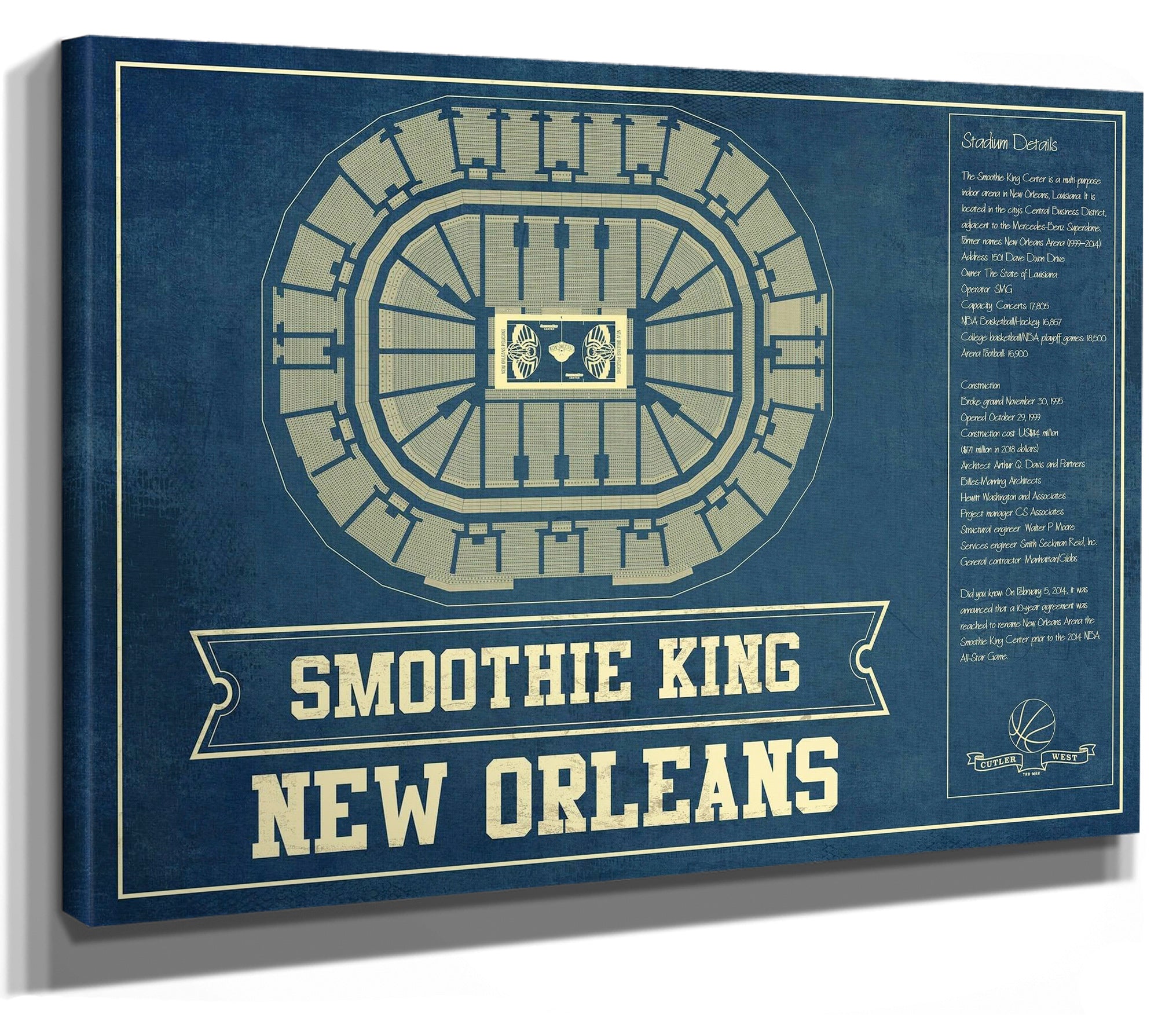 New Orleans Pelicans Smoothie King Center Vintage Basketball Blueprint NBA Print