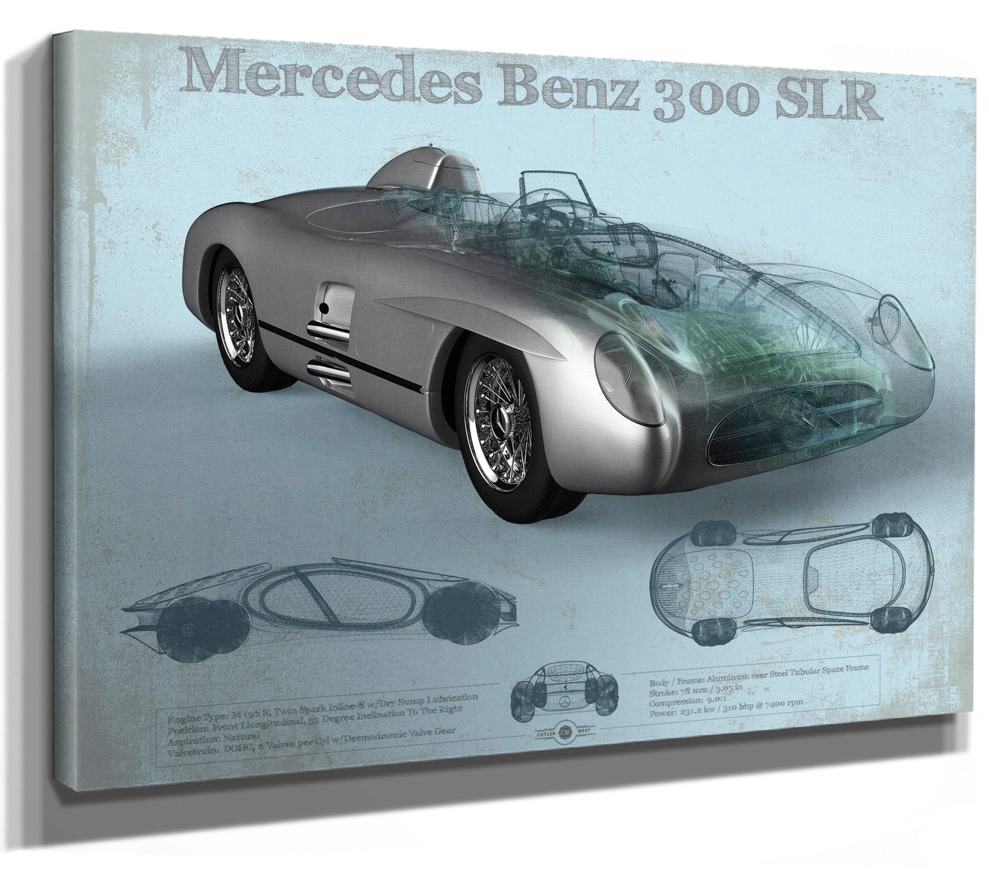 Mercedes Benz 300 SLR Vintage Blueprint Auto Print