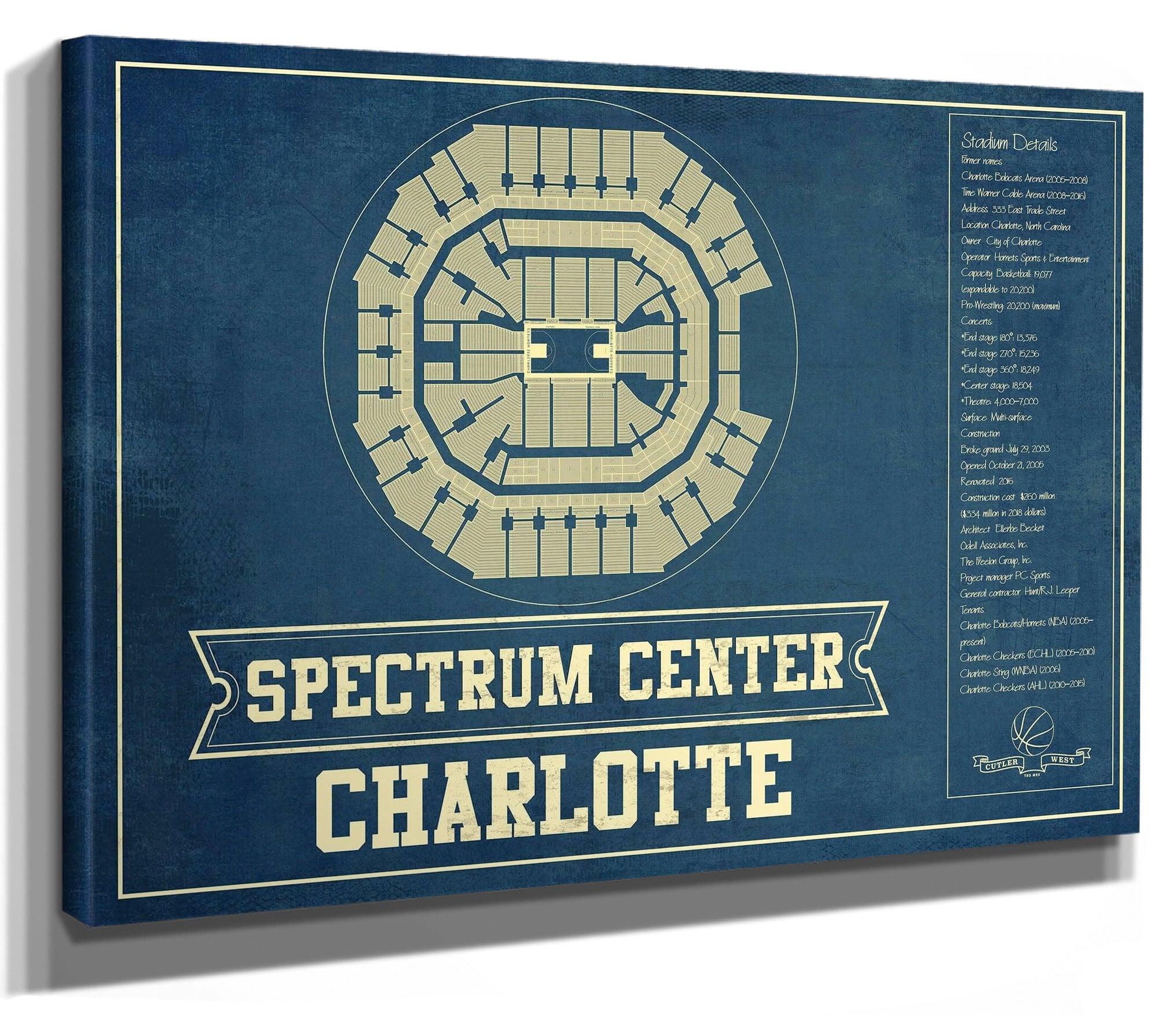 Charlotte Hornets Spectrum Center Vintage Basketball Blueprint NBA Print