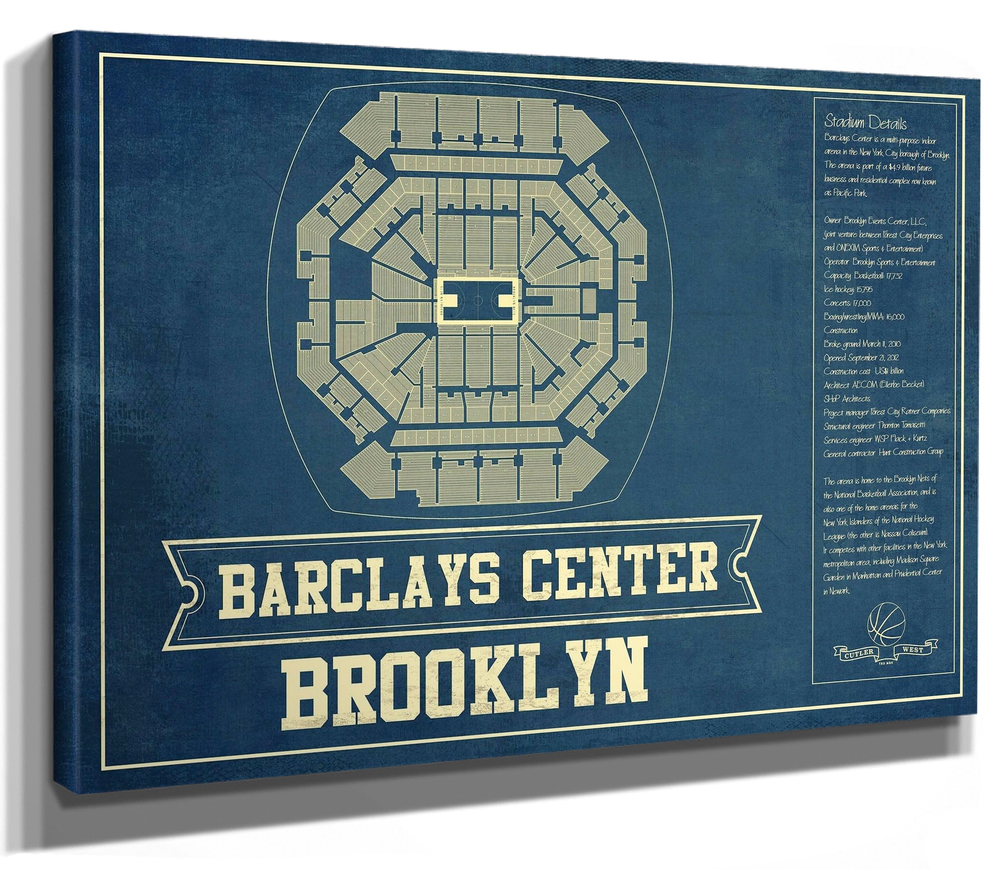 Brooklyn Nets Barclays Center Vintage Basketball Blueprint NBA Print