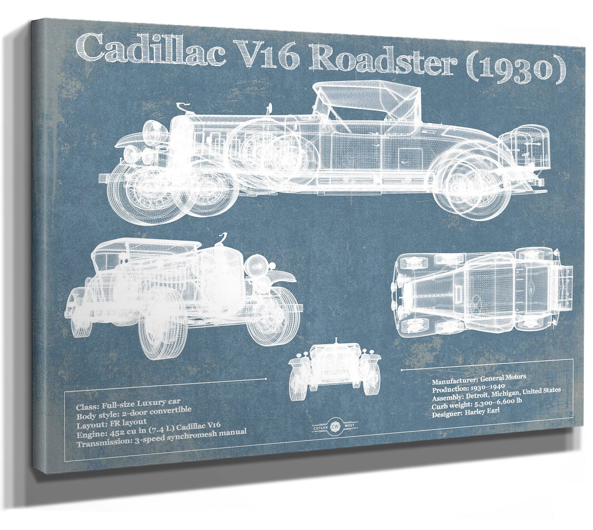 Cadillac V16 Roadster (1930) Vintage Blueprint Auto Print