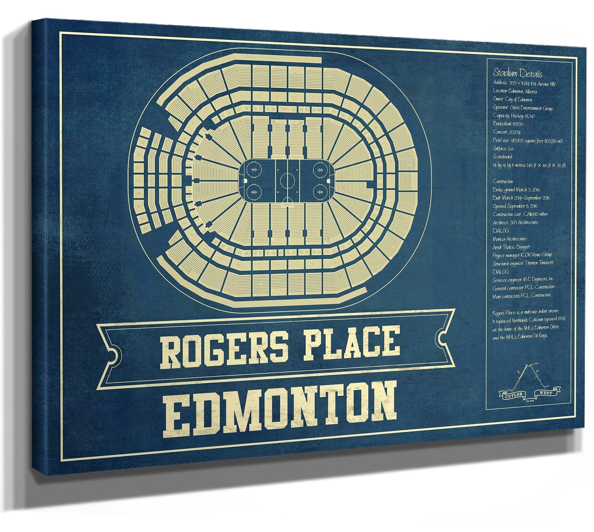Edmonton Oilers - Rogers Place Vintage Hockey Blueprint NHL Print