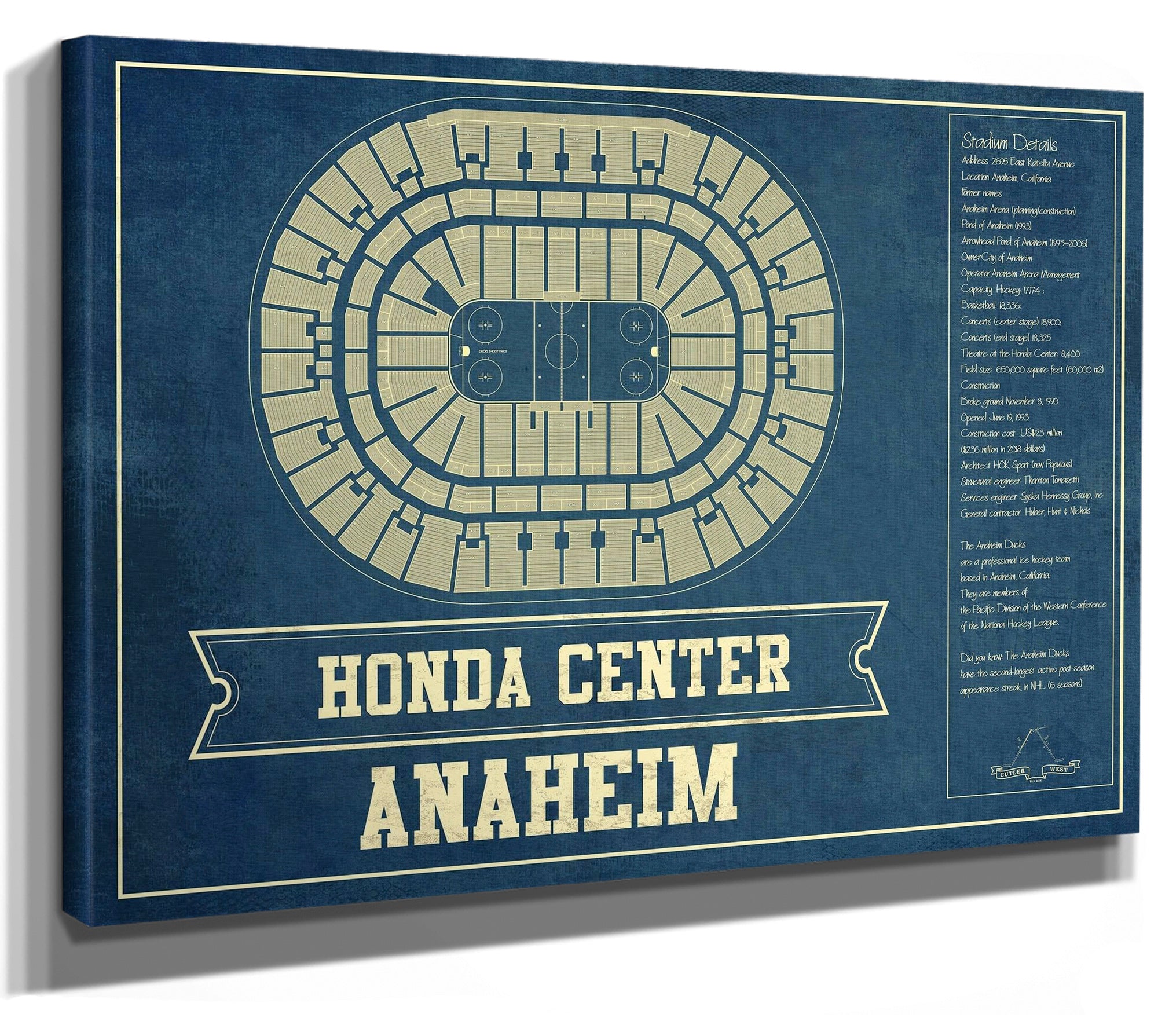 Anaheim Ducks - Honda Center Vintage Hockey Blueprint NHL Print