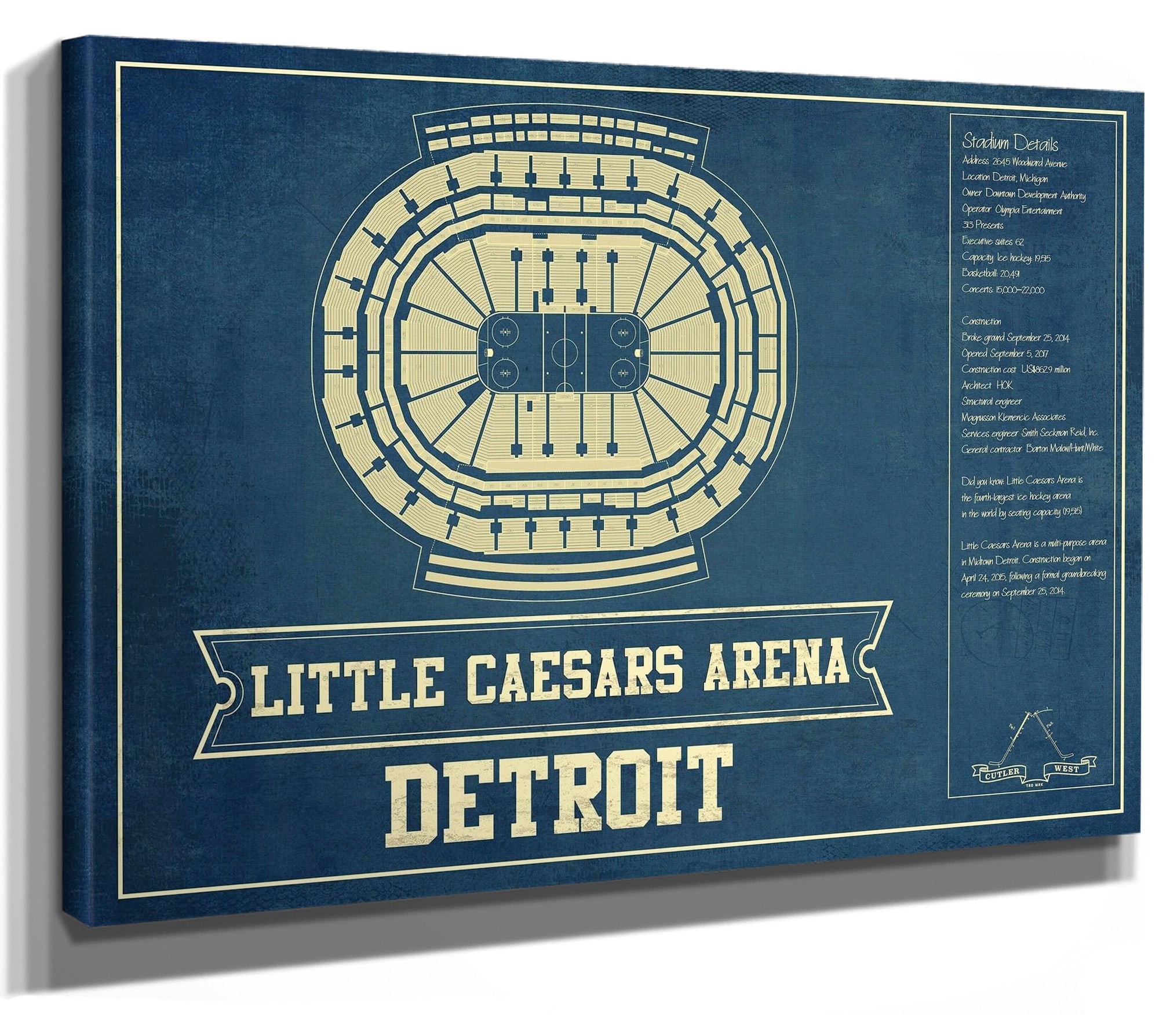 Detroit Red Wings - Little Caesars Arena Vintage Hockey Blueprint NHL Print