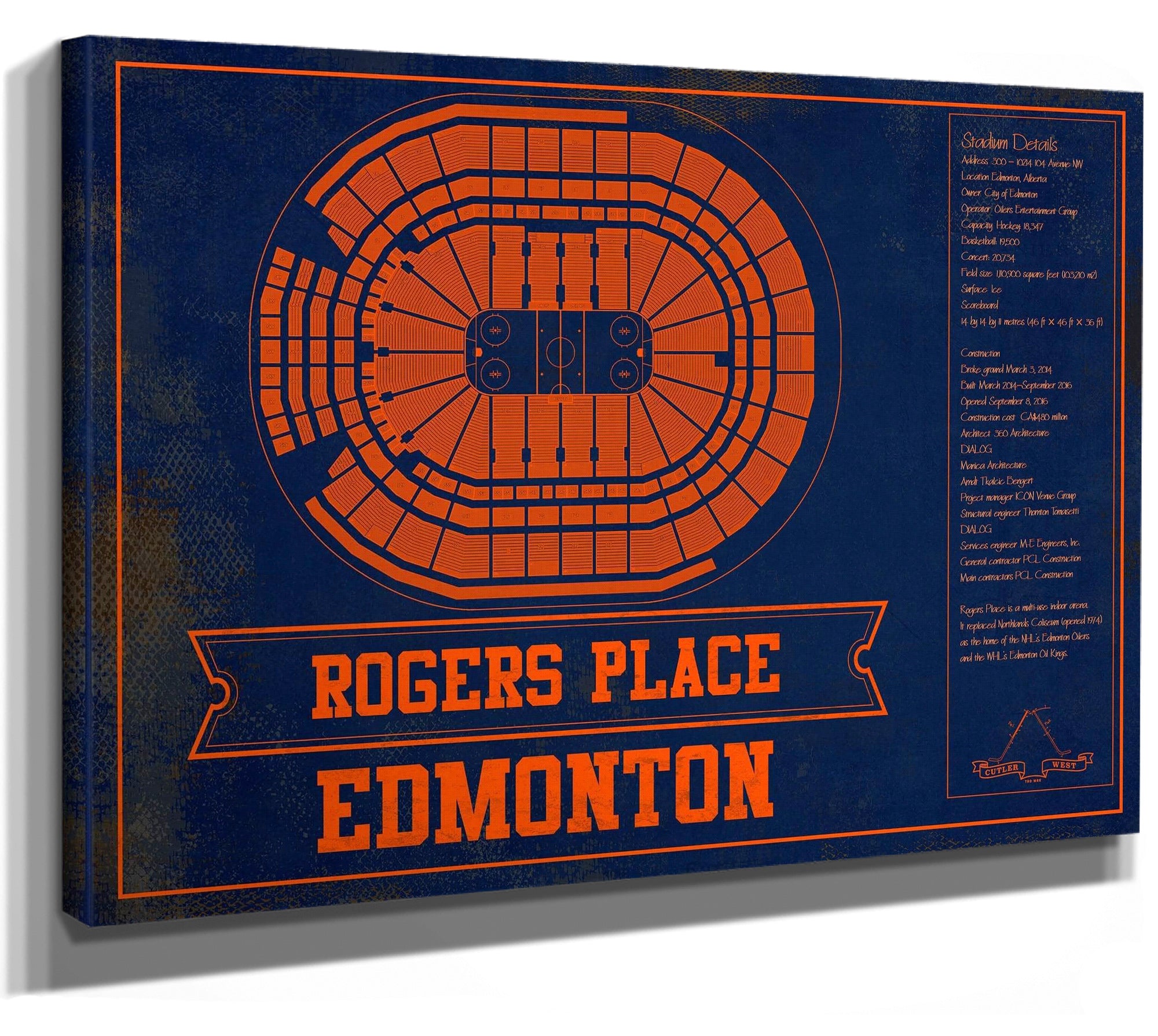 Edmonton Oilers Team Colors - Rogers Place Vintage Hockey Blueprint NHL Print