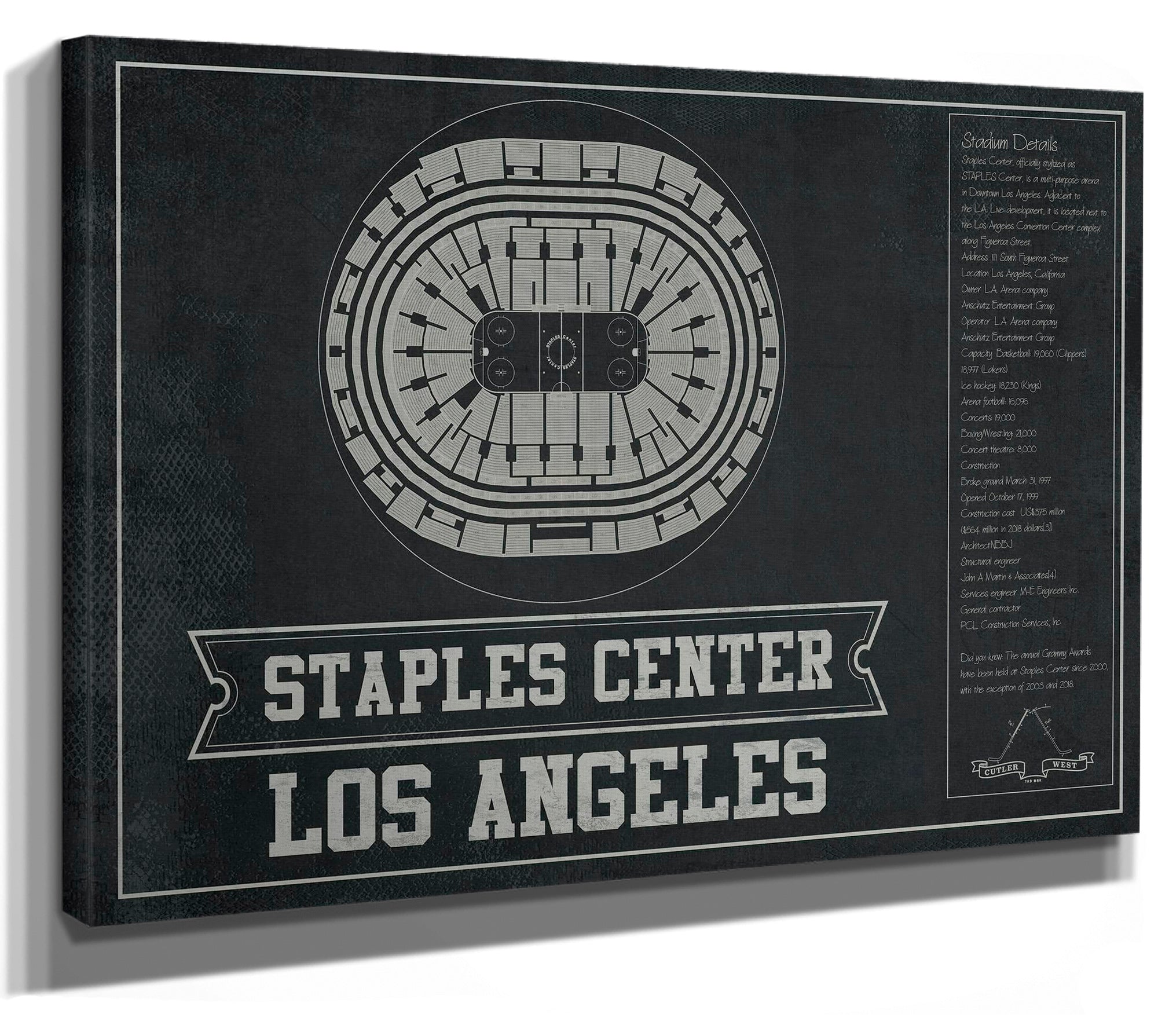 Los Angeles Kings Team Colors - Staples Center (Crypto.com Arena) Vintage Hockey Blueprint NHL Print