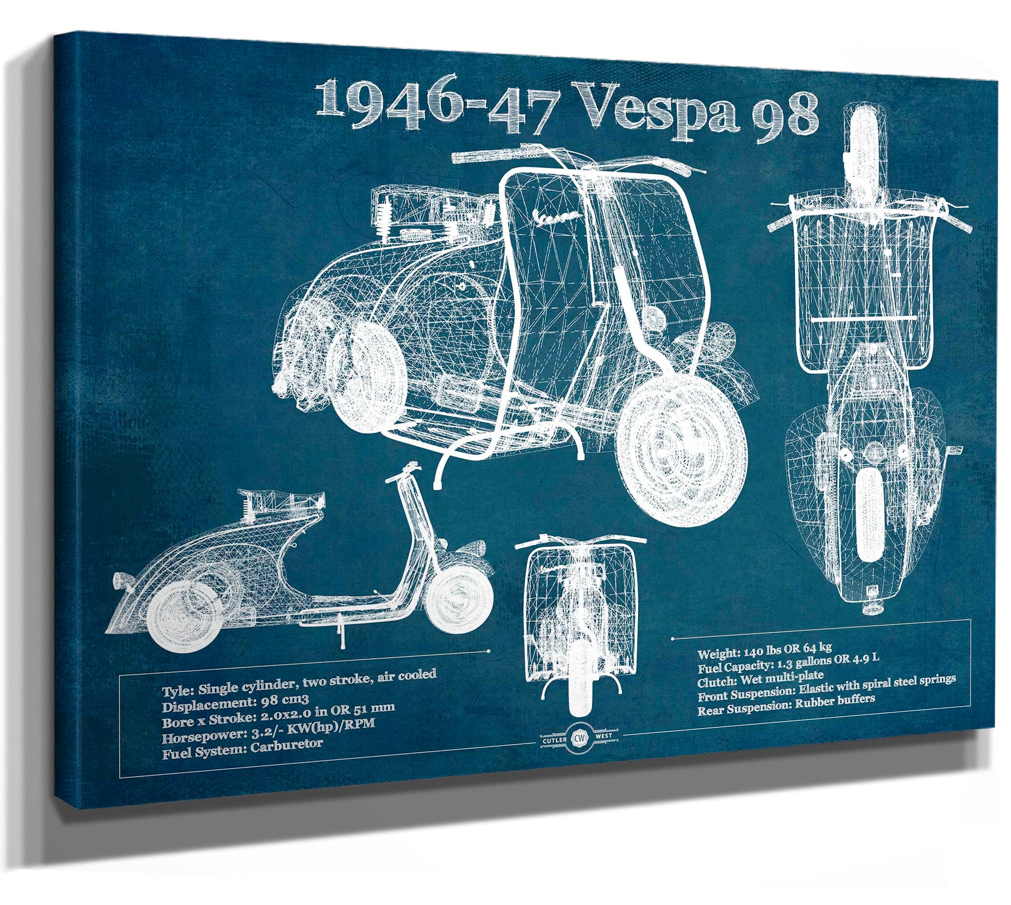 1946-47 Vespa 98 Vintage Blueprint Auto Print